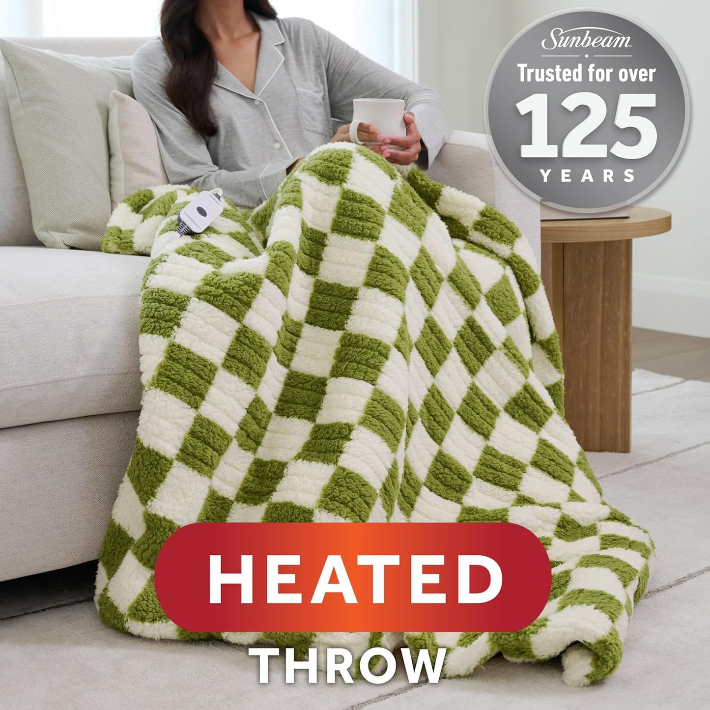 Sunbeam Printed Royal Sherpa Foot Pocket Heated Throw Electric Blanket, 50" x 60", 4 Heat Settings, 4-Hour Auto Shut-Off, Warming Cozy Throw for Couch or Bed, Machine Washable, Sage Checkerboard