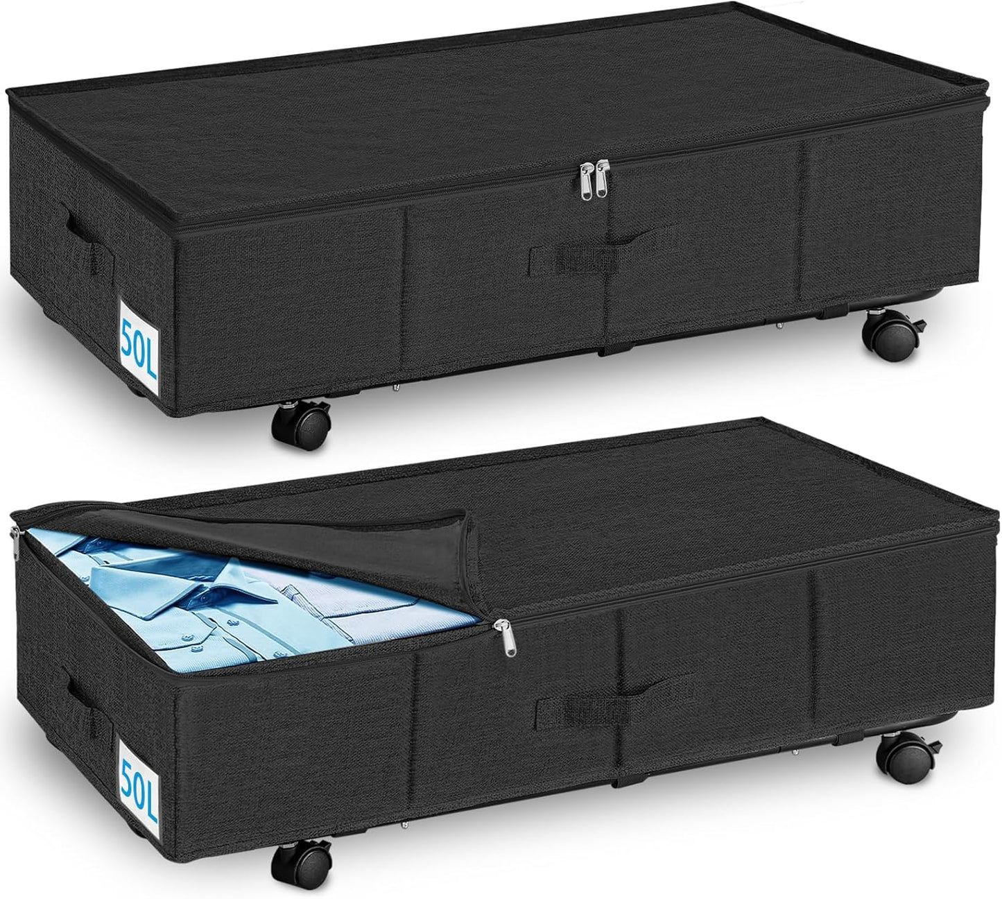 Under Bed Storage with Wheels & Lid, 2PCS Underbed Storage Container, 29.5 x 15.7 x 8.7 in Tall, Blankets Clothes Comforters Shoe Storage Bag Drawers, Rolling Zippered Organizer Bin -Black
