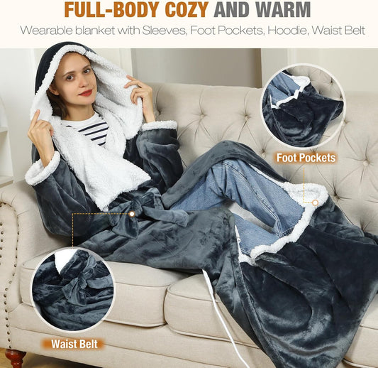 Wearable Heated Blankets, Electric Snuggle Blanket with Foot Pockets, Sleeves, Hood, Waist Belt, 50"x70" Electric Heating Throw Blanket Wearable Heated Robe