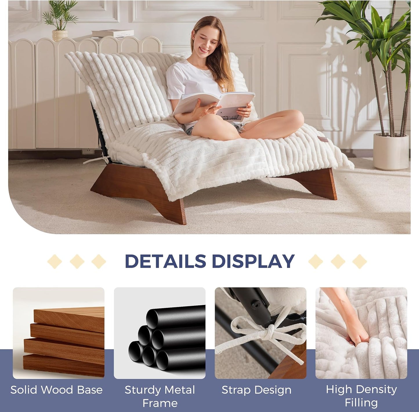 MAXYOYO Adjustable Living Room Chair, 3-Position Bean Bag Chair with Removable Cover, Upholstered Accent Chair with Frame, Soft Reclining Lounge for Bedroom, Apartment, Office, Beige