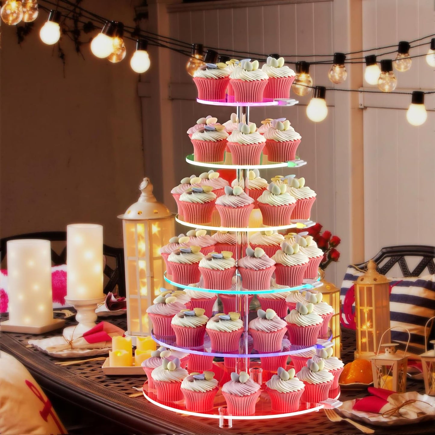Cupcake Stand - 6 Tier Round Cupcake Tower with Rechargeable LED Light - Cupcake Holder for 60 Cupcakes - Cup Cake Stand with light - Clear Acrylic Dessert Display Stand for Weddings, Birthdays