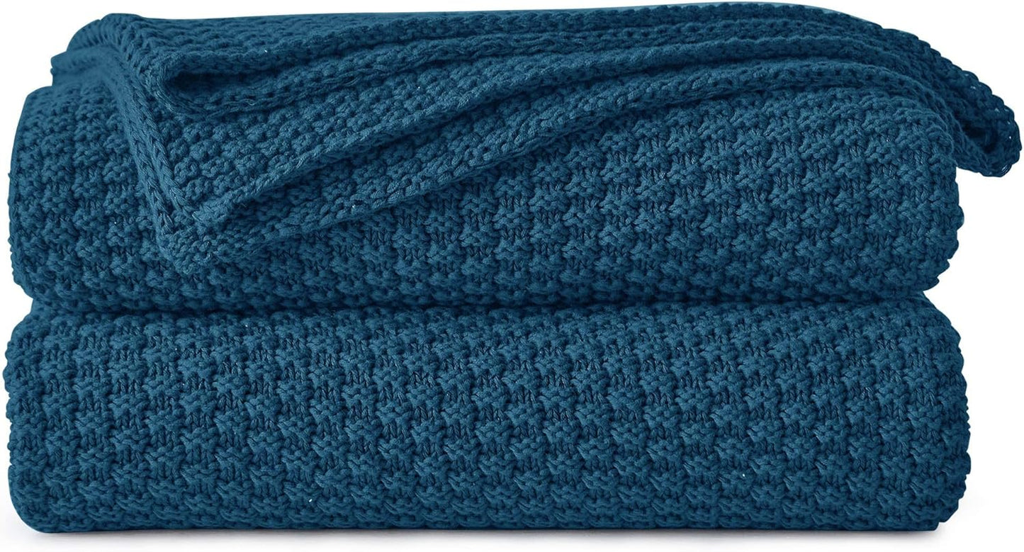 Longhui bedding Blue Knitted Throw Blanket for Couch - Soft, Cozy Machine Washable 100% Cotton Sofa Knit Blankets, Heavy 3.0lb Weight, 51 x 63 Inches, Laundry Bag Included