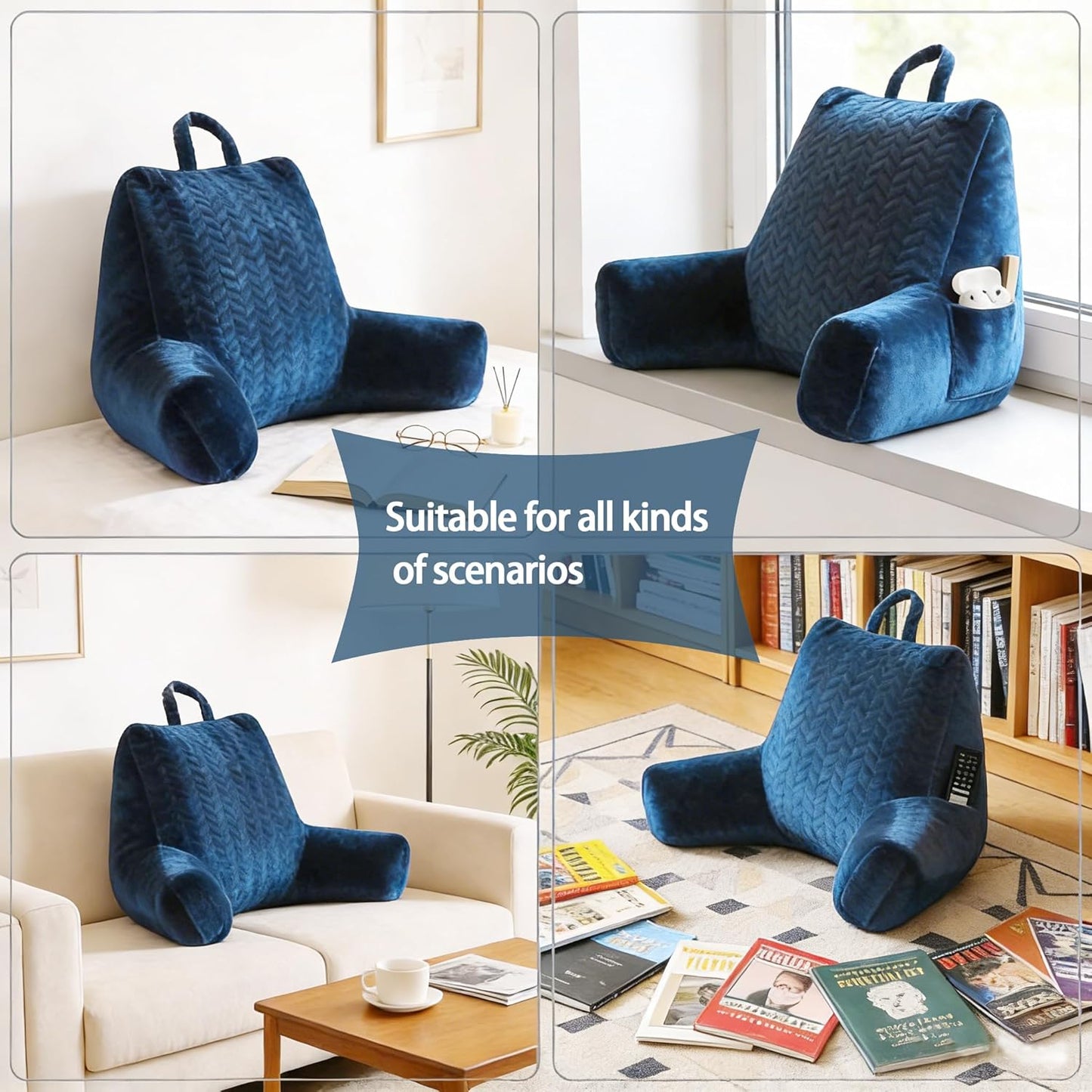 Adult Bed Reading Pillow, Filled with Memory Foam Backrest Pillow, with Armrests to Support The Back and Arms, Suitable for Sofas and Seats, Removable Pillowcase, Blue