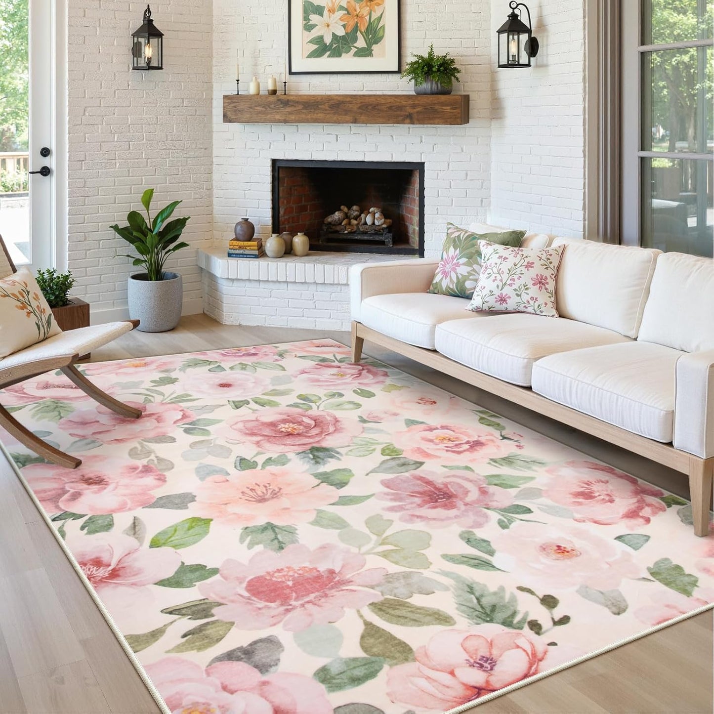 Lahome Floral Nursery Rug 5x7 Area Rugs,Soft Boho Pink Rugs for Bedroom Girls,Low Pile Large Living Room Rug, Home Decor Carpet for Dining Room Playroom Farmhouse, Beige/Multi