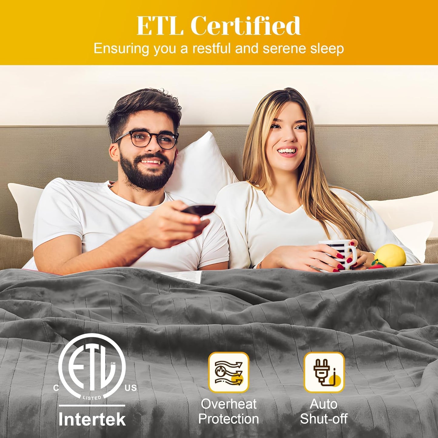 SUNVIVI Electric Heated Blanket, 84" x 62" Twin Size Electric Blanket with 10 Heating Levels and 12 Hours Auto-Off, Soft Flannel and Sherp Blanket with ETL & FCC Certification, Grey