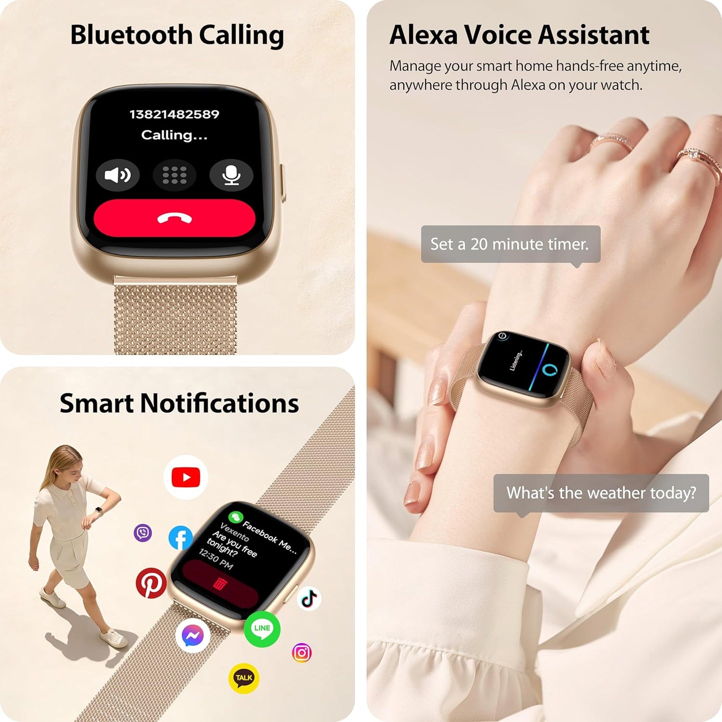 Smart Watch for Women with Alexa Built-in, 1.83" HD Touchscreen Fitness Tracker with Bluetooth Calls, Heart Rate/Sleep Monitor, 120+ Sports Fitness Watch, IP68 Waterproof Smartwatch for Android iOS