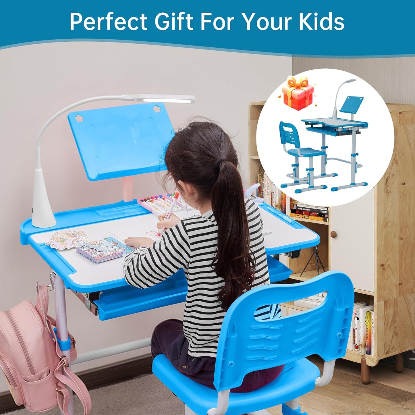 Kids Desk and Chair Set, Height Adjustable Child's School Study Writing Tables with Tilt Desktop, LED Light, Storage Drawer, Book Stand (Blue)