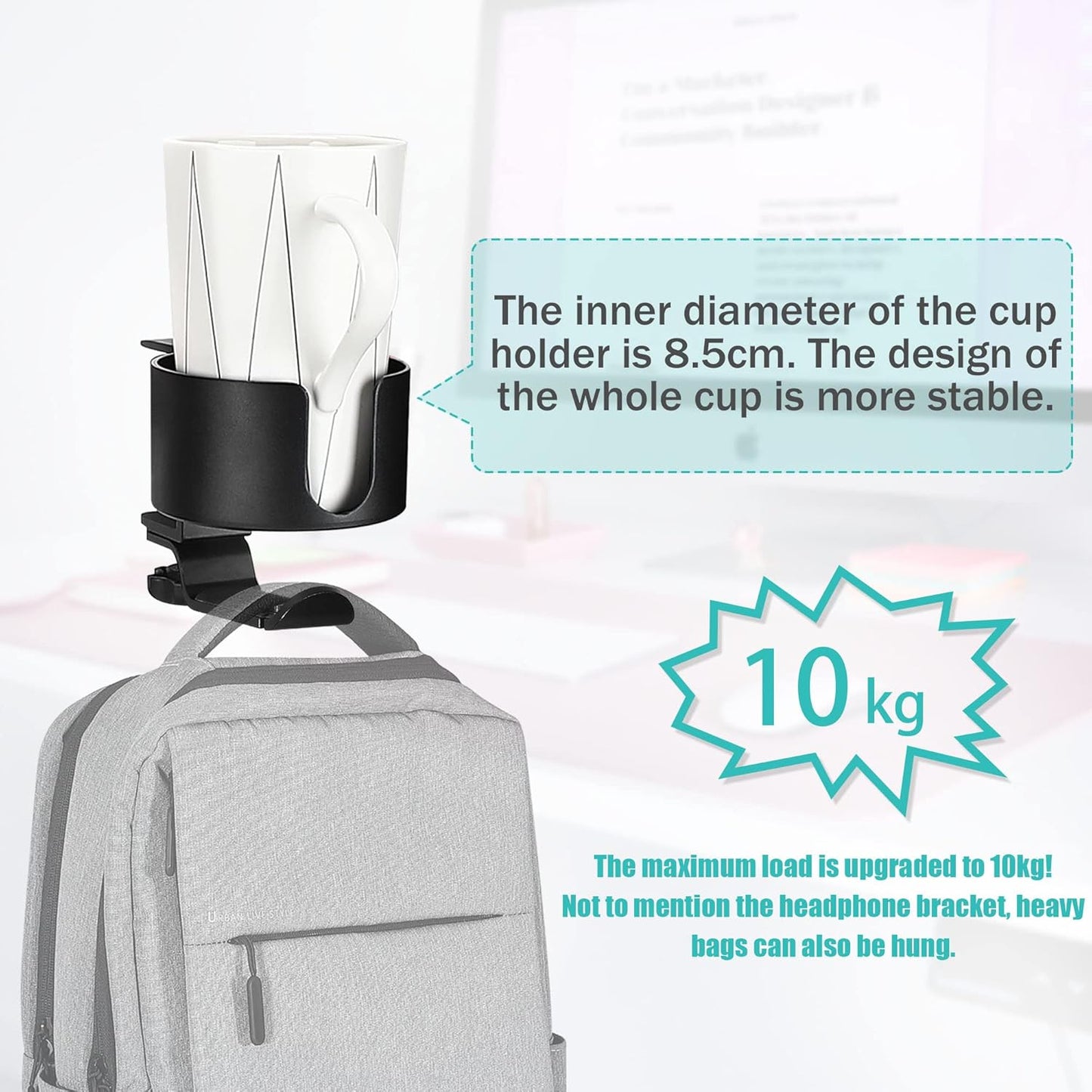 2 in 1 Desk Cup Holder with Headphone Hanger Holder, Anti-Spill Cup Holder-360° Rotation Aluminum Alloy Stand Hook Bearing Capacity 10kg/22lb Suitable for Coffee Mups,Water Cups,Bag,Headphone