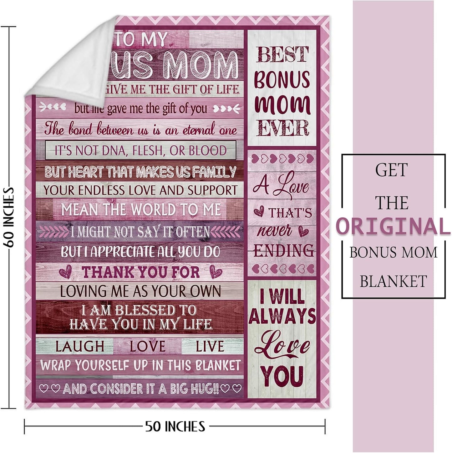 Bonus Mom, Bonus Mom Blanket 50" x 60", Soft Cozy Throw Blanket, Birthday from Stepdaughter Stepson