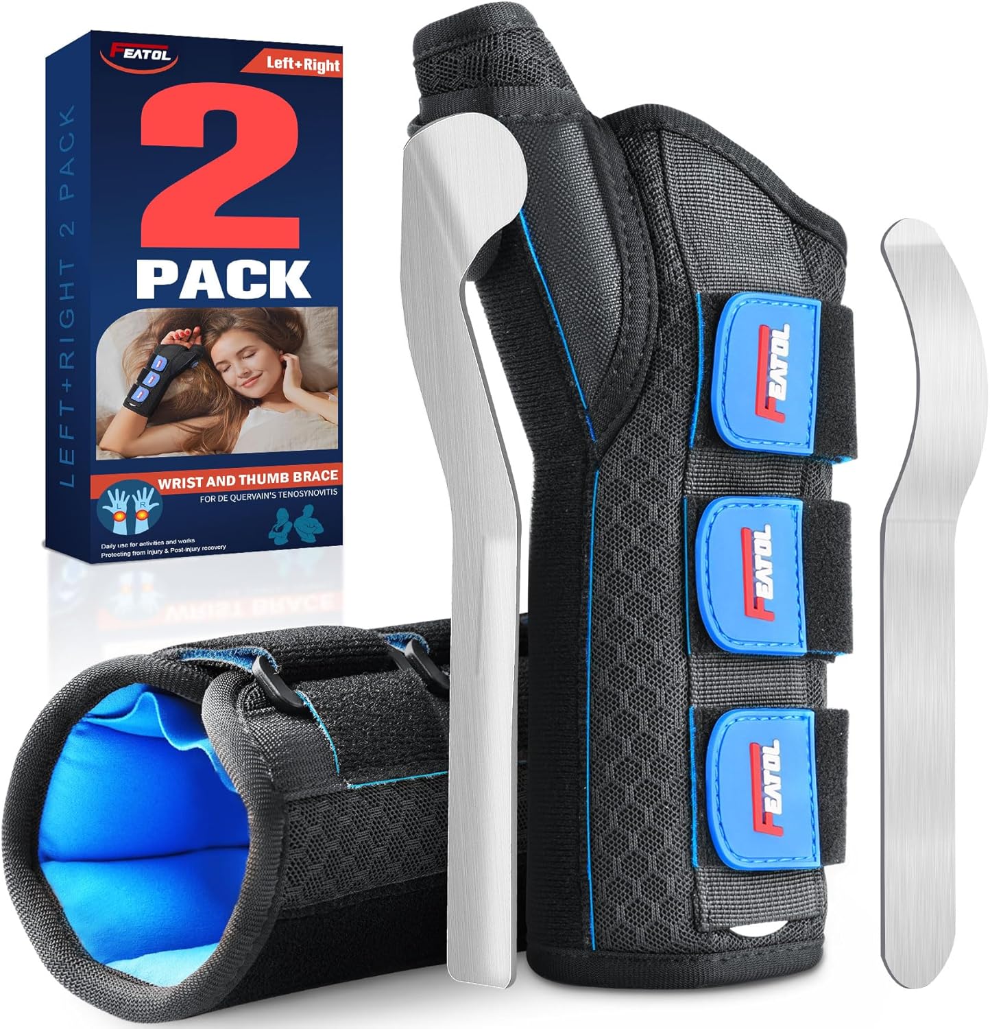 FEATOL 2 Pack Wrist Brace with Thumb Spica Splint for De Quervain's Tenosynovitis, Carpal Tunnel, Tendonitis, Arthritis-Thumb Brace for Pain Relief-Left And Right Hand-Small/Medium
