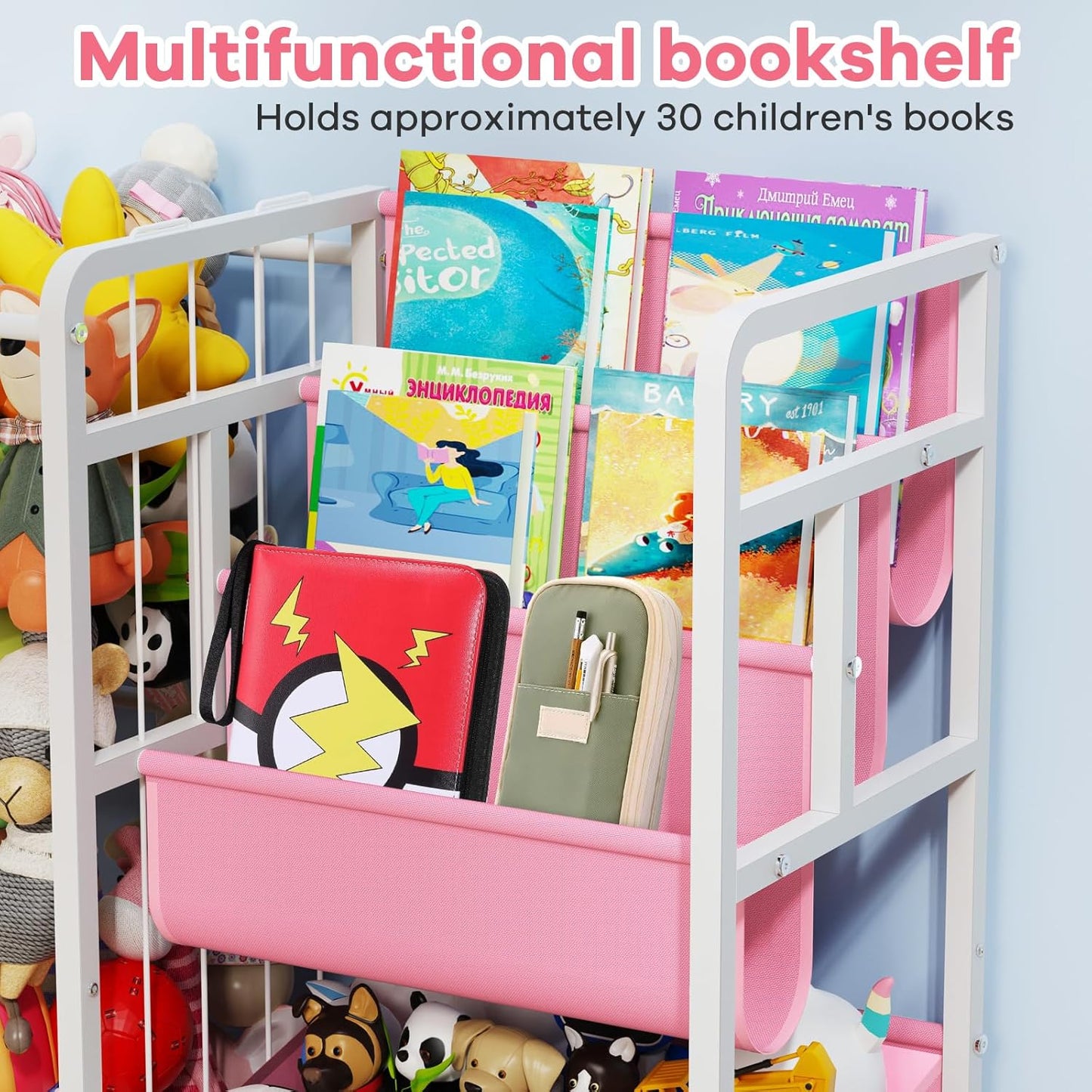 Kids Bookshelf and Toy Storage, 3 Tier Kids Book Shelf for Kid Rooms with Stuffed Animal Storage, Toy Storage Organizer, Stuffed Animals Zoo Storage Cage for Bedroom, Nursery, Playroom
