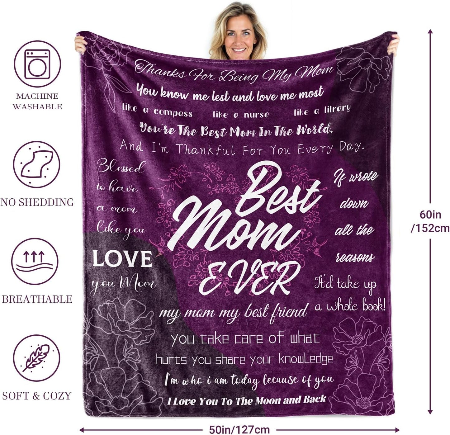 Mothers Blankets for Mom from Daughter & Son - Birthday Gifts for Moms,Grandma,Wife - Soft Purple Fleece Throw Blanket for Women, Cozy Plush Love Bedding Decor for Couch, Bed & Travel 50"x60"