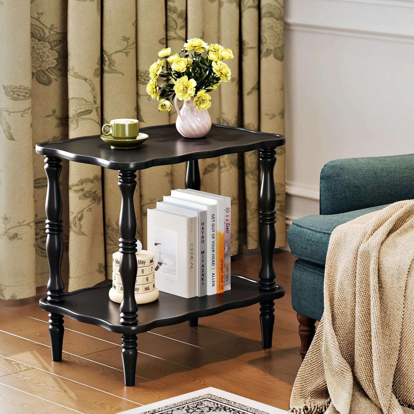 Uniclinens Solid Wood End Side Table - Small Wooden Nightstand for Living Room Bedroom, Black
