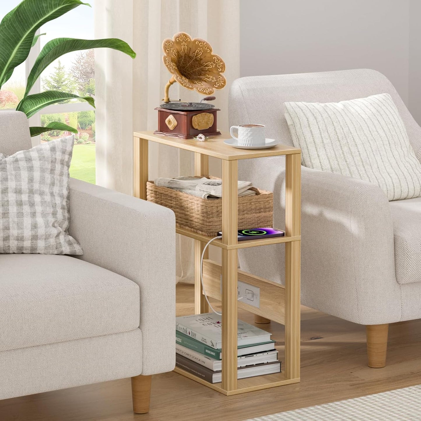 3 Tier Small Narrow Bamboo Side Table Set of 2 with Charging Station - Skinny Nightstand for Small Spaces, Slim Bedside Table with USB Ports and Outlets - Thin End Table with Storage, Natural