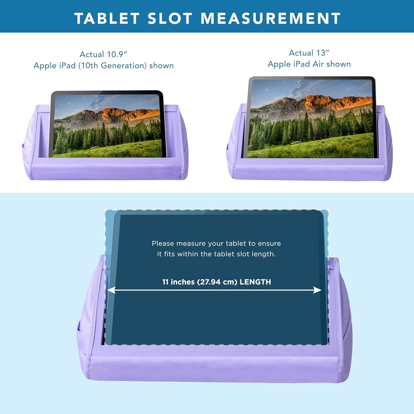 LAPGEAR Tablet Pillow Stand - 11" Slot for iPads, Galaxy Tabs, Kindles, E-Readers & Phones | Cushioned Holder with Storage Pocket & Handle | Purple Amethyst - Style No. 33102