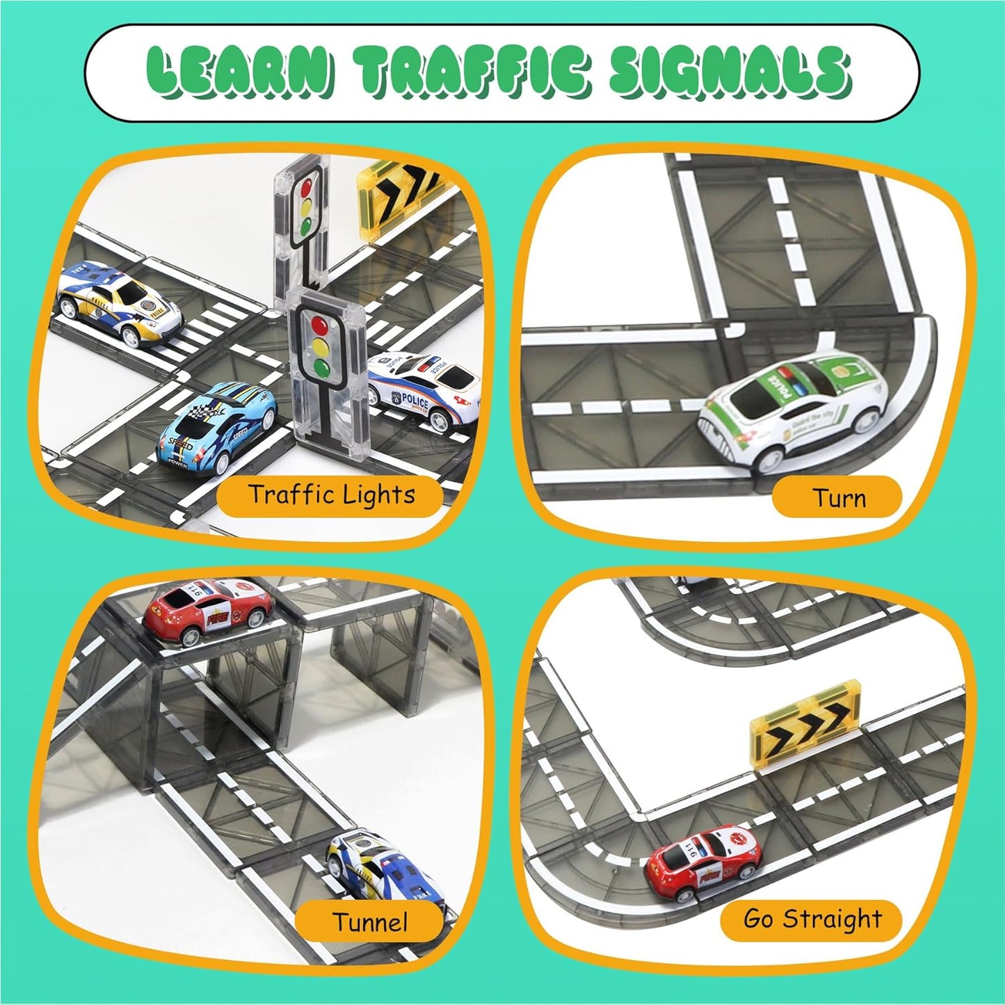 Magnetic Tiles Road Set with Pullback Car, Magnetic Blocks for Kids Ages 4-8, Magnet Tiles for Preschool STEM Building Toy, Autism Learning Sensory Montessori Toys Gift for Toddler Boys and Girls
