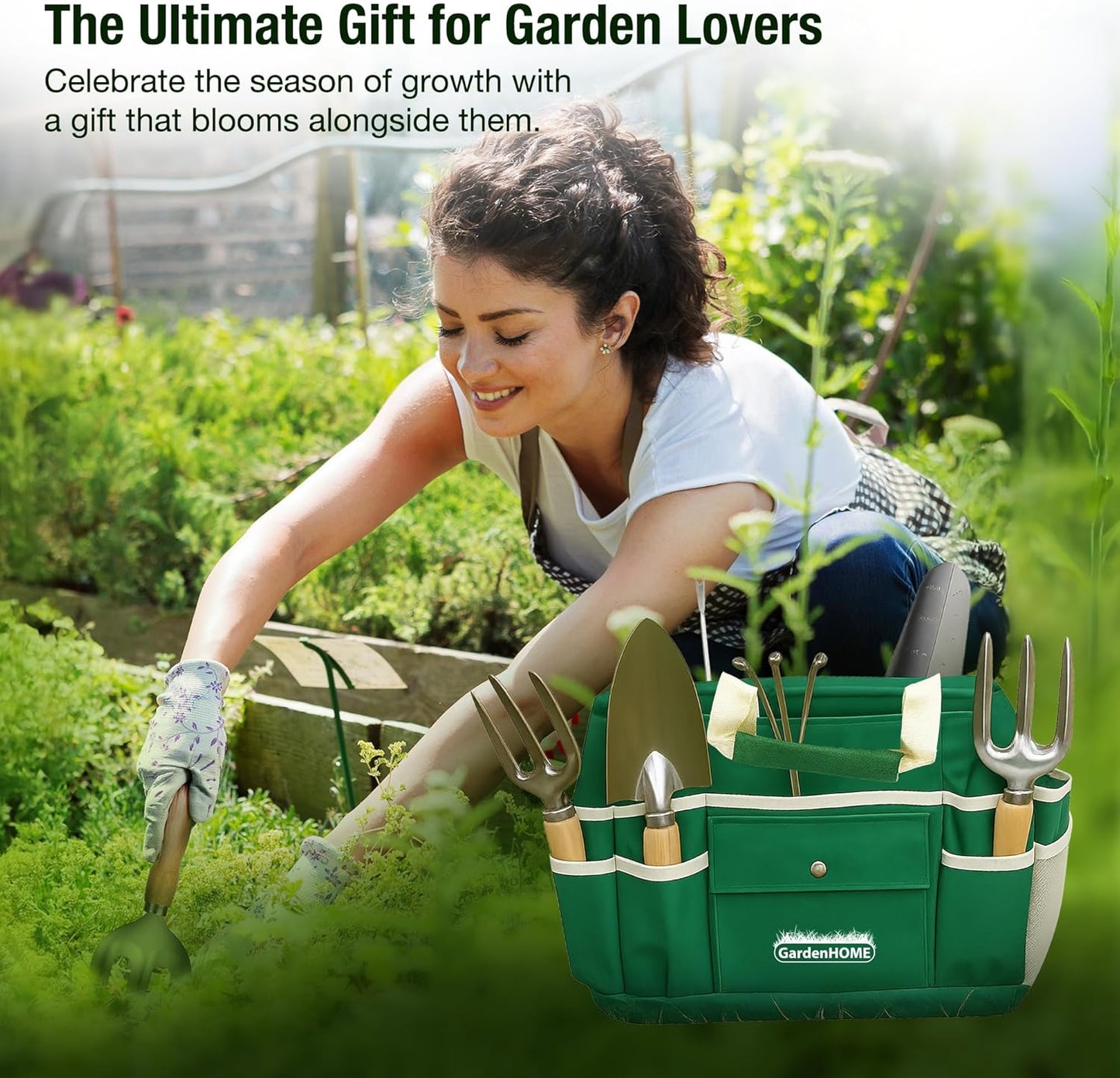 GardenHOME 7-Piece Green Gardening Tool Set – Stainless Steel Tools with Wooden Handles, Folding Stool & Canvas Tote, Durable Garden Kit for Every Gardener