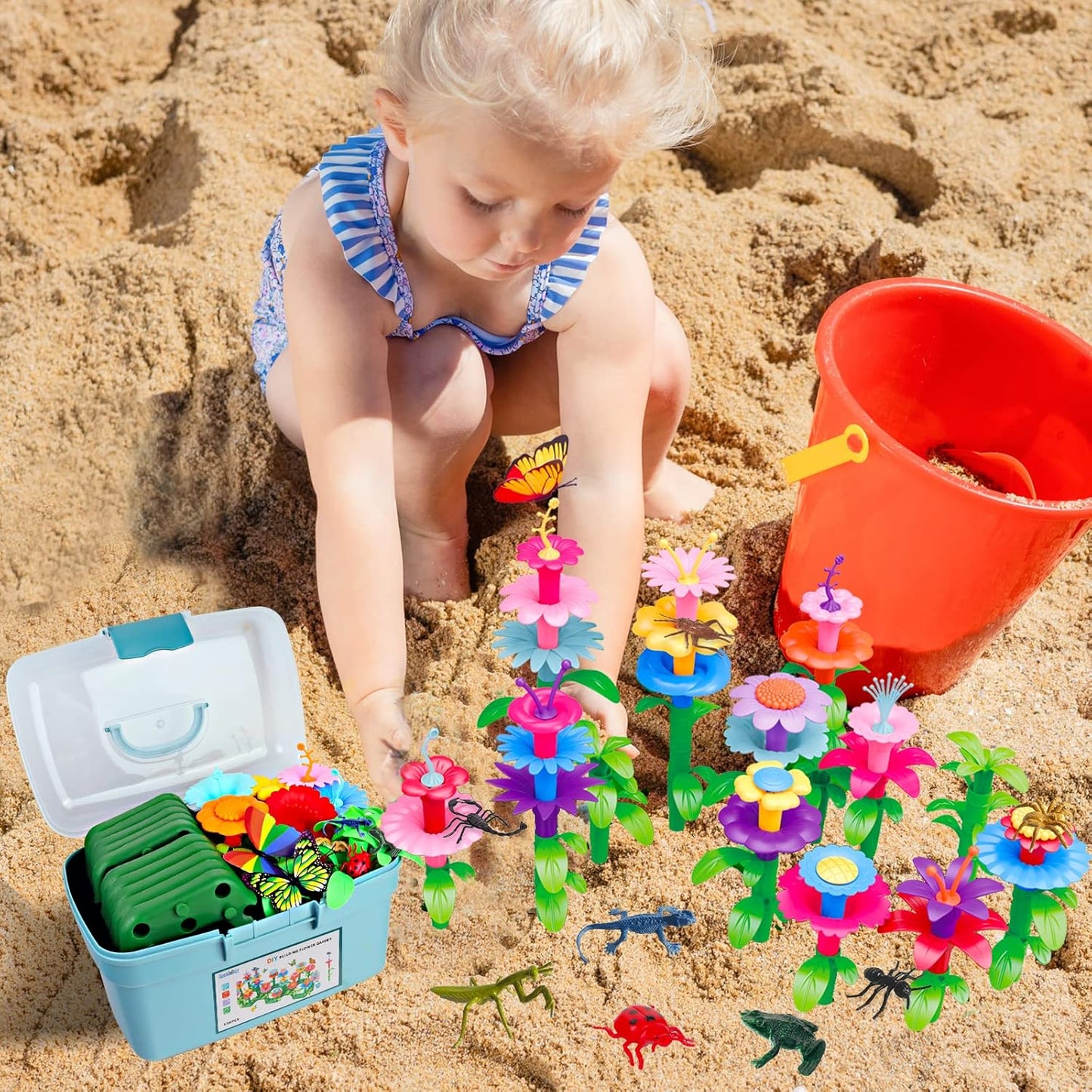 Birthday Toys Gifts for 2 3 4 5 6 Years Old Toddler Girls Boys, 156 PCS Insect Flower Garden Building Educational STEM Pretend Play Gardening Set,Easter Basket Stuffers Gifts for Preschool Kids Age 2+