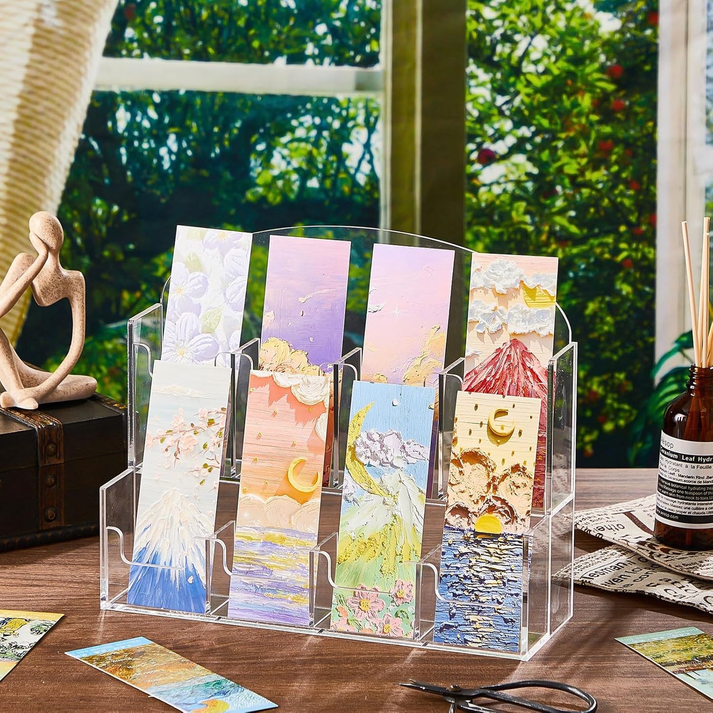 Acrylic Bookmark Display, Adjustable 2. 2'' Bookmark Stand, Portable Sticker Holder, Curved Pockets Greeting Card Display for Business Vendor, Retail Store Shop(Integrated,8 Pockets)