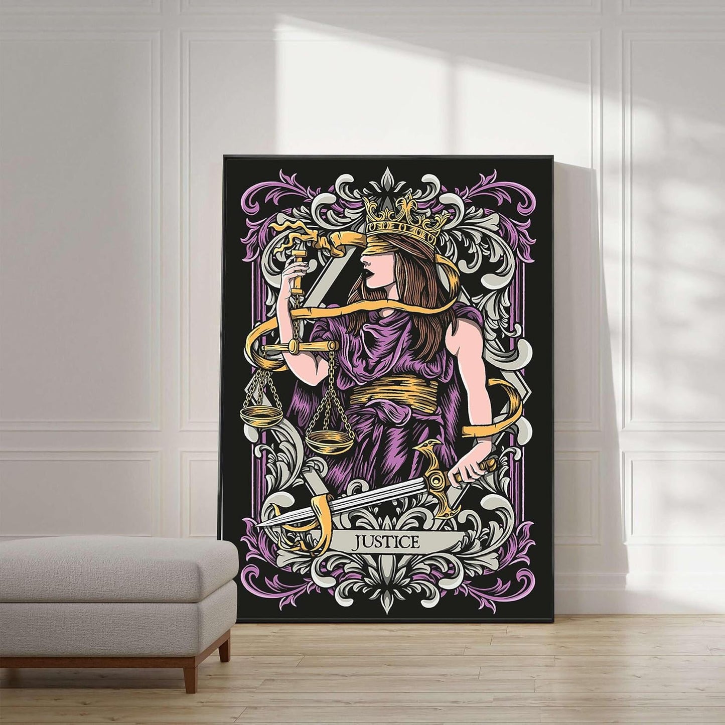 Gothic Justice Tarot Card Art Print, Medieval Fantasy Wall Decor, Alternative Mystical Witch Vintage Gothic Tarot Poster Home Decor Gift(L18 xW12-CANVAS)
