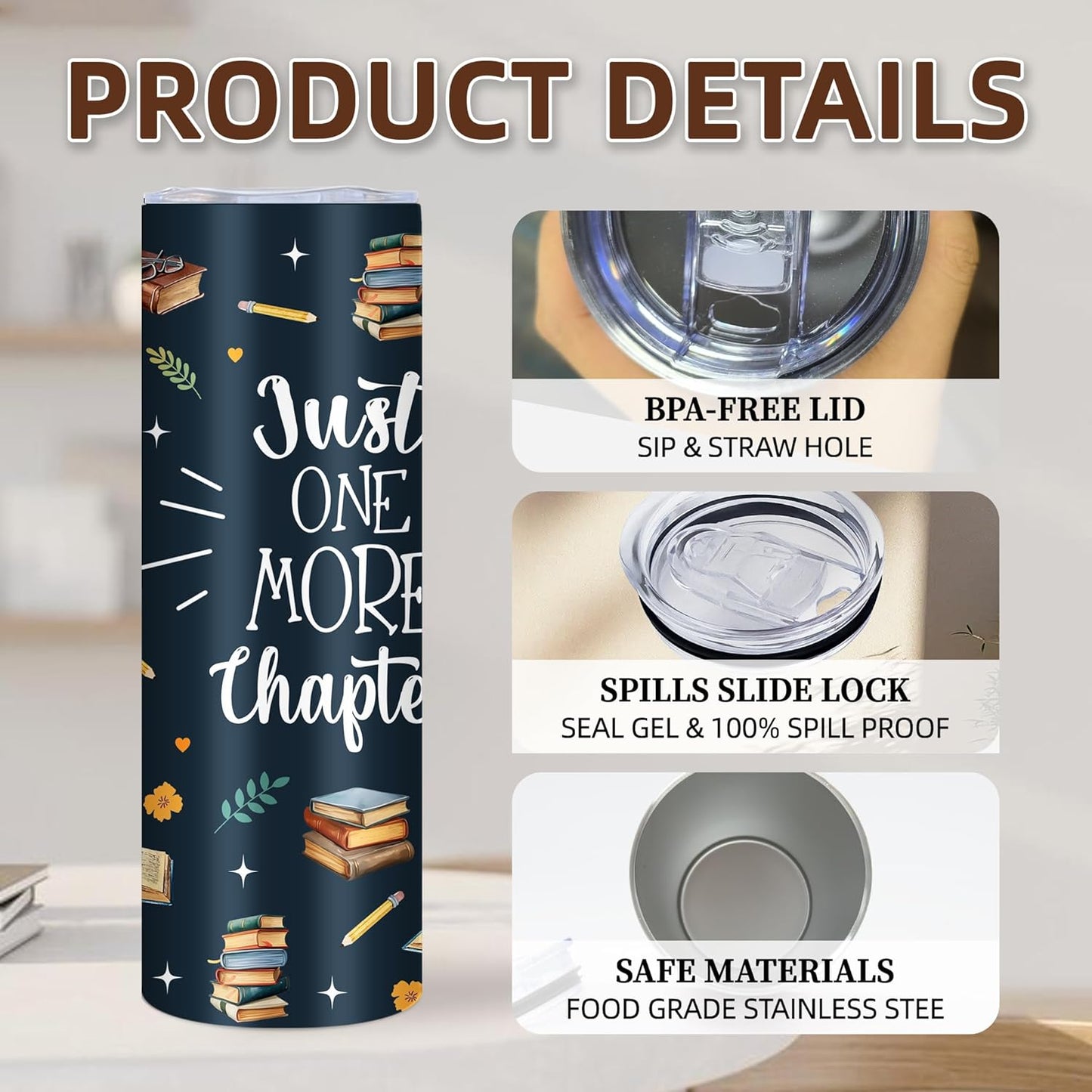 Book Lover Gifts for Women, 20 Oz Just One More Chapter Tumbler, Gifts for Readers Bookworm Librarian Nerd, Bookish Gift for Thanksgiving Christmas, Chapter Skinny Tumbler with Straw, 1 PCS