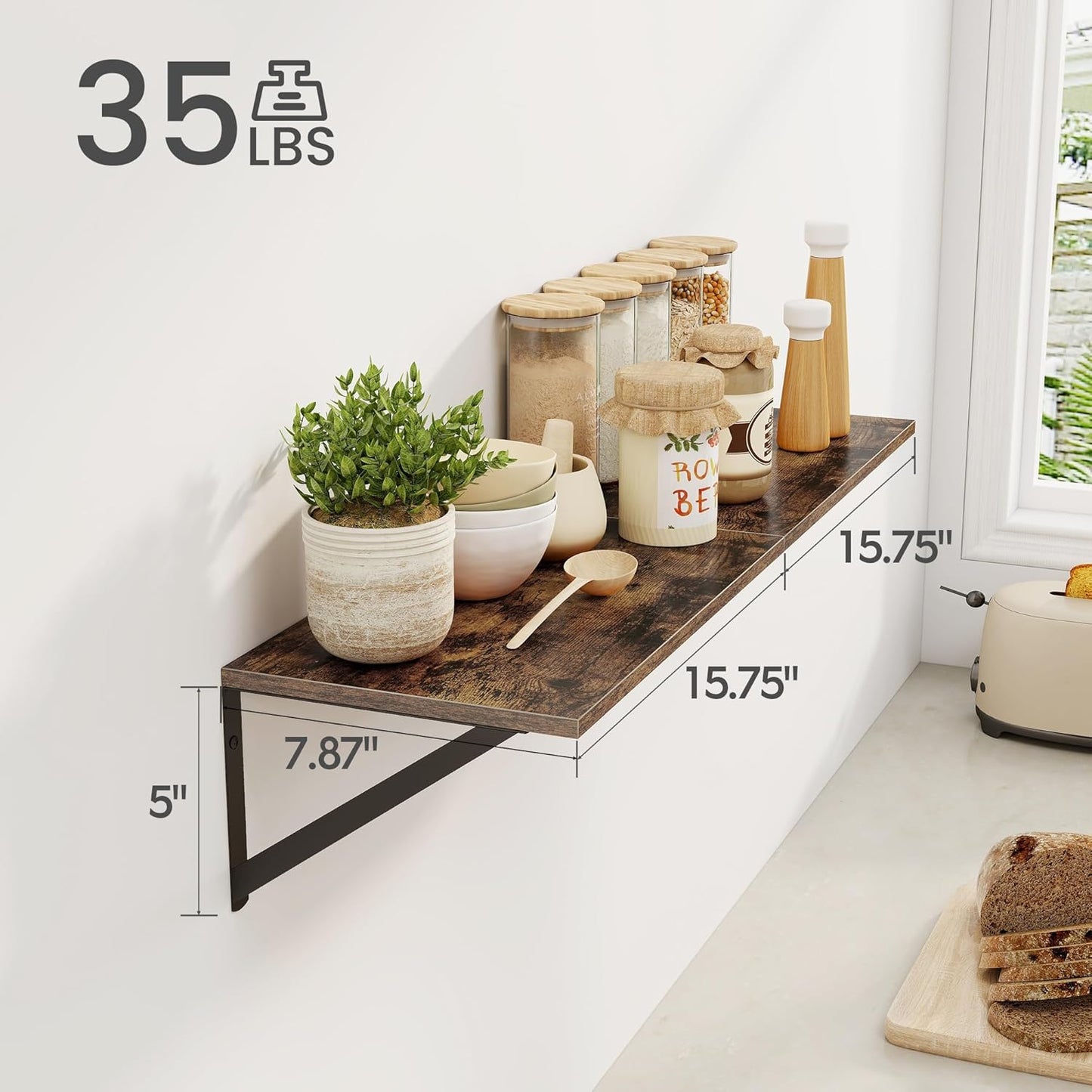 Heimlove Deep Floating Shelves for Wall, 16W x 8D Wood Wall Shelves Set of 2, Wide Floating Bookshelf for Living Room, Kitchen, Office, Bedroom and Decor Storage, with Metal Bracket - Rustic Brown