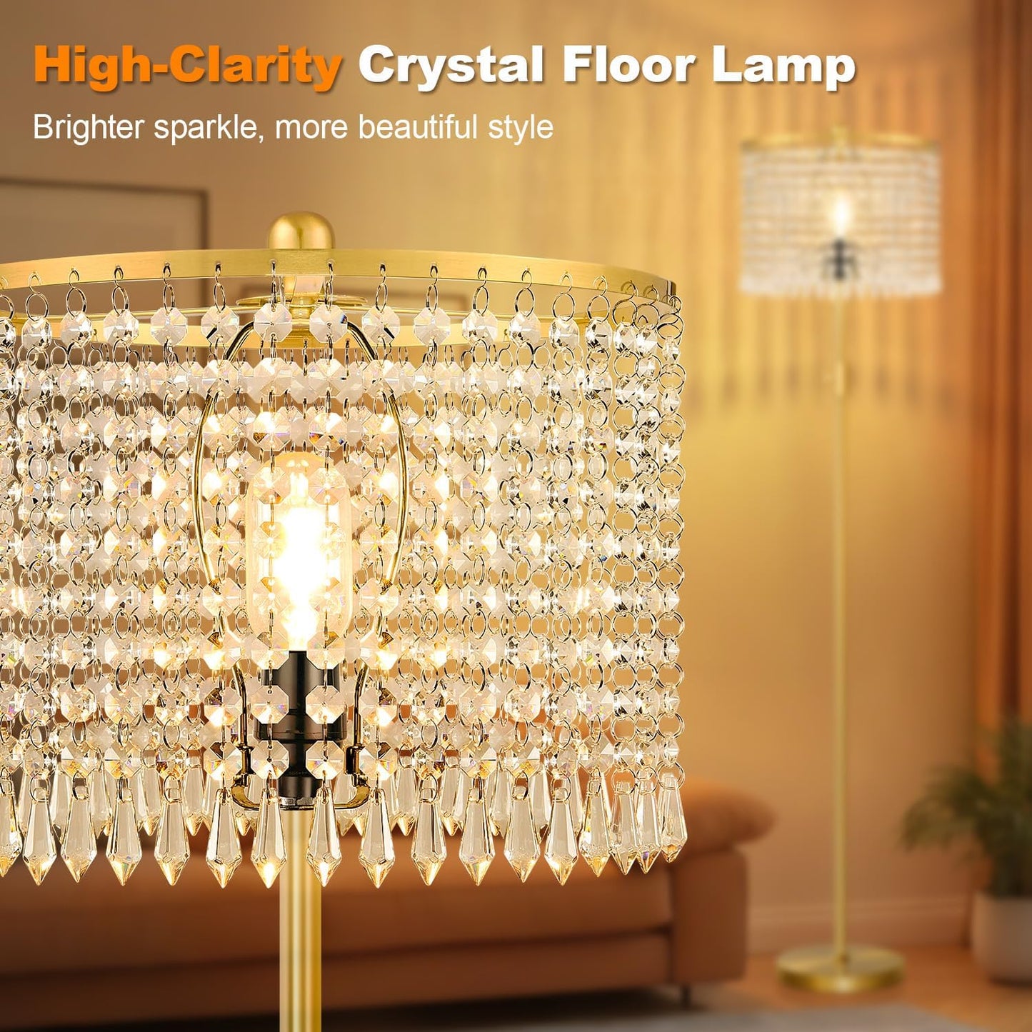 【Upgraded】 Dimmable Crystal Floor Lamps for Living Room, 1000LM LED Bulb Included, Standing Lamp with Knob Switch, Tall Gold Pole Light for Bedroom Nursery Office Corner Reading