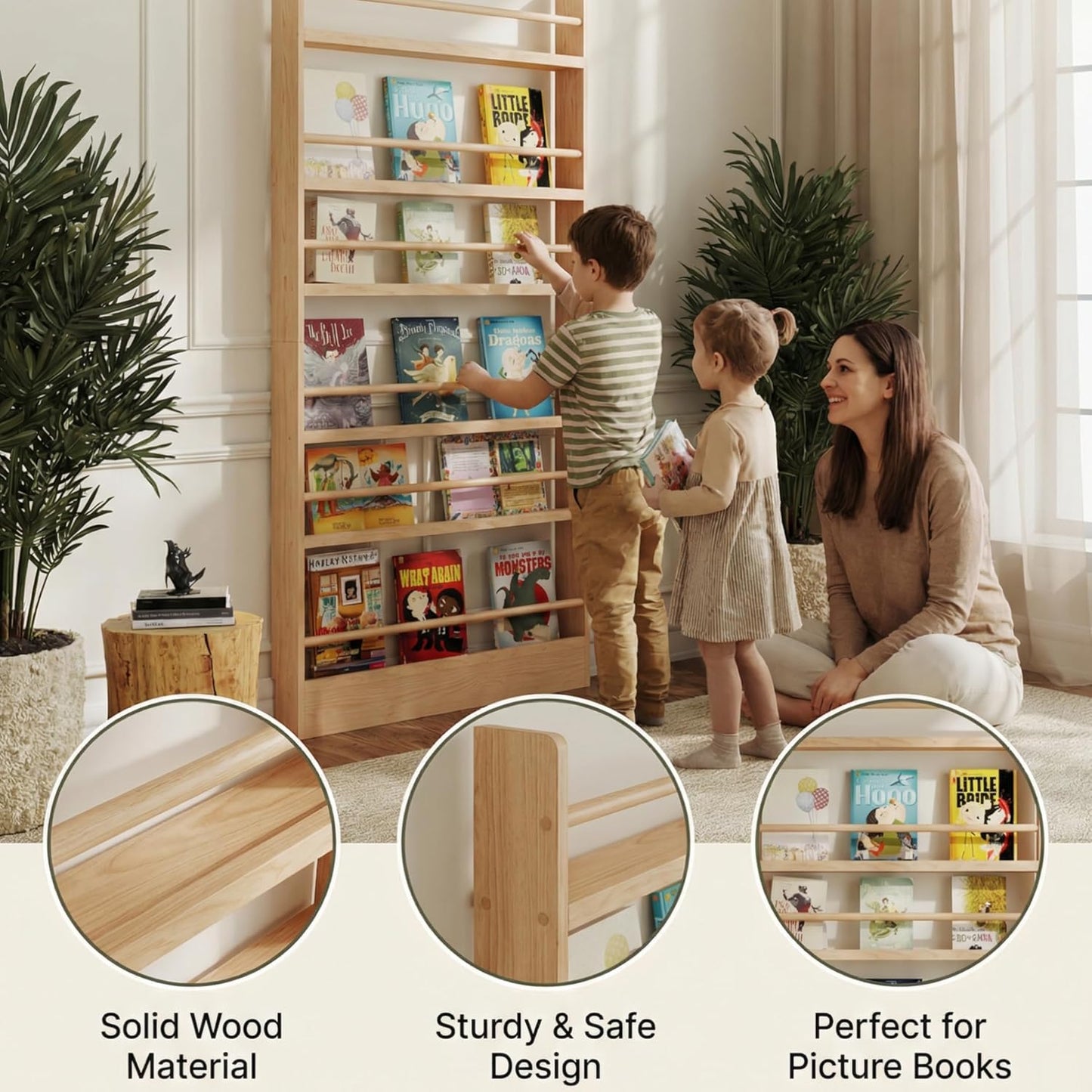 Kids Bookshelf, 6 Tier Shelves Behind The Door Book Shelf Storage, Children's Solid Wood Bookcase Space- Saving, Wall Mount Bookshelf for Bedroom, Living Room, Office and Nursery（Natural Wood）