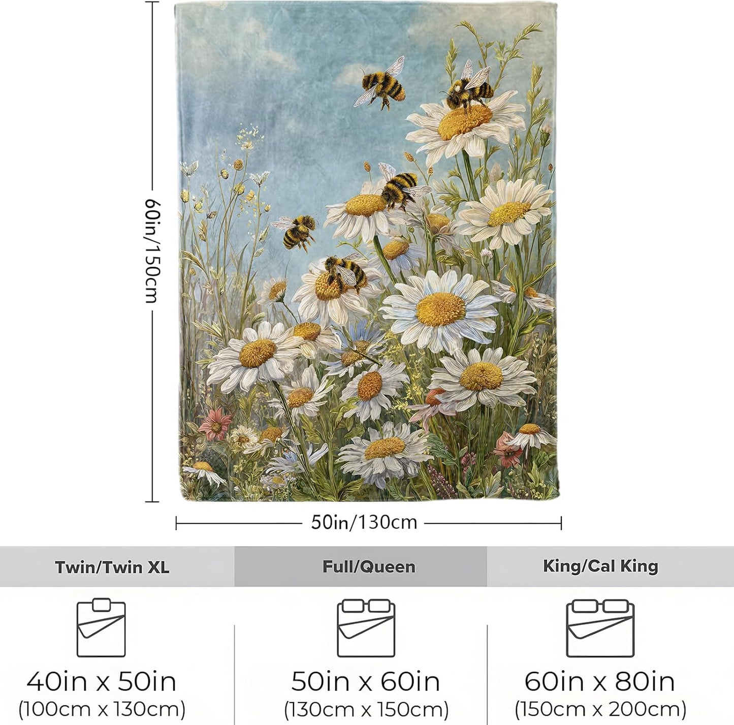 Bee and Daisy Blanket, Soft Cozy Lightweight Realistic Bumblebees on Wildflowers Throw Blanket for Women Garden Lovers Kids, Sofa Couch Bed 50x60 Inch Flannel Blankets for Travel Decor Gifts