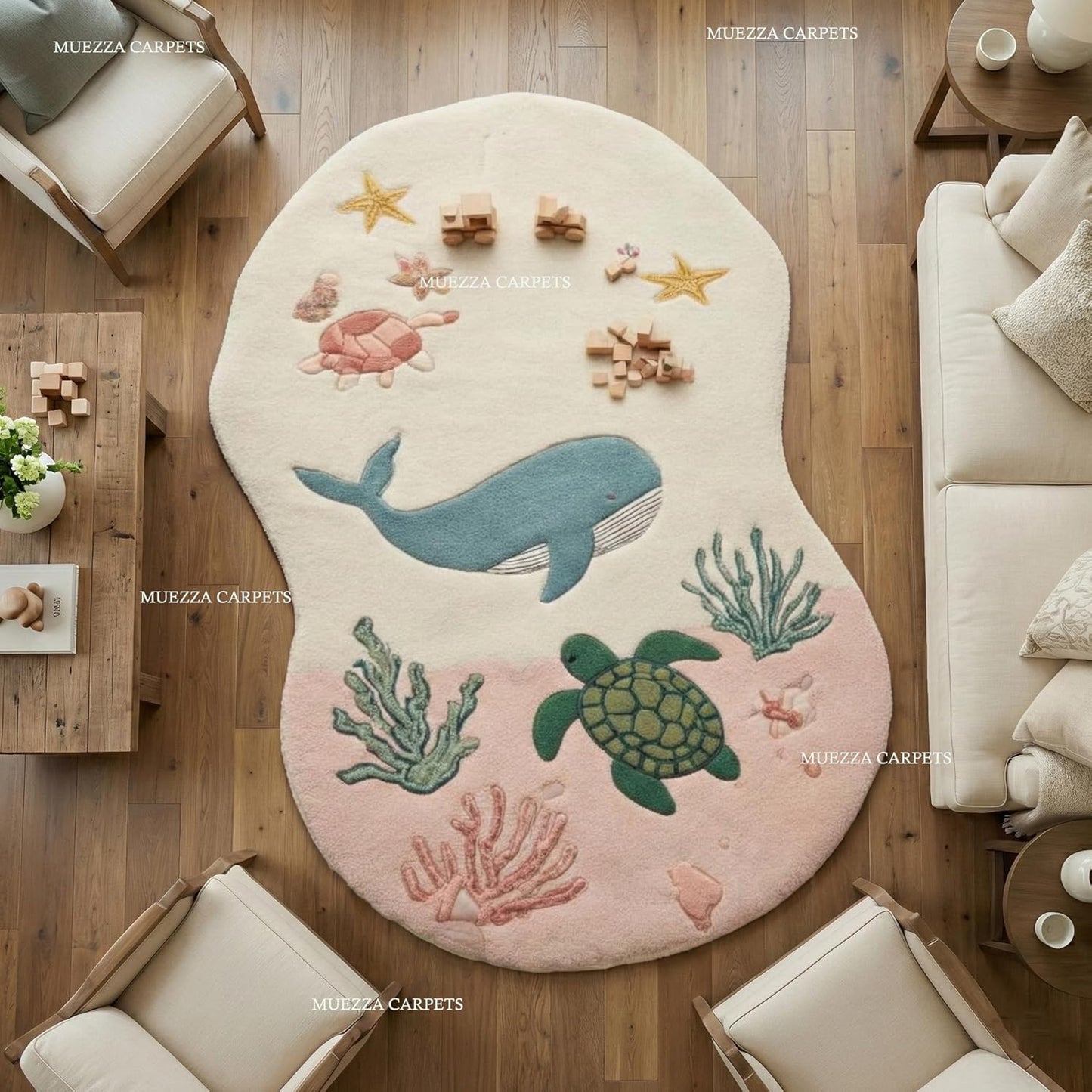 Ocean Theme Kids Play Mat, Whale and Sea Turtle Design, Soft Plush Rug, 2x3 Feet