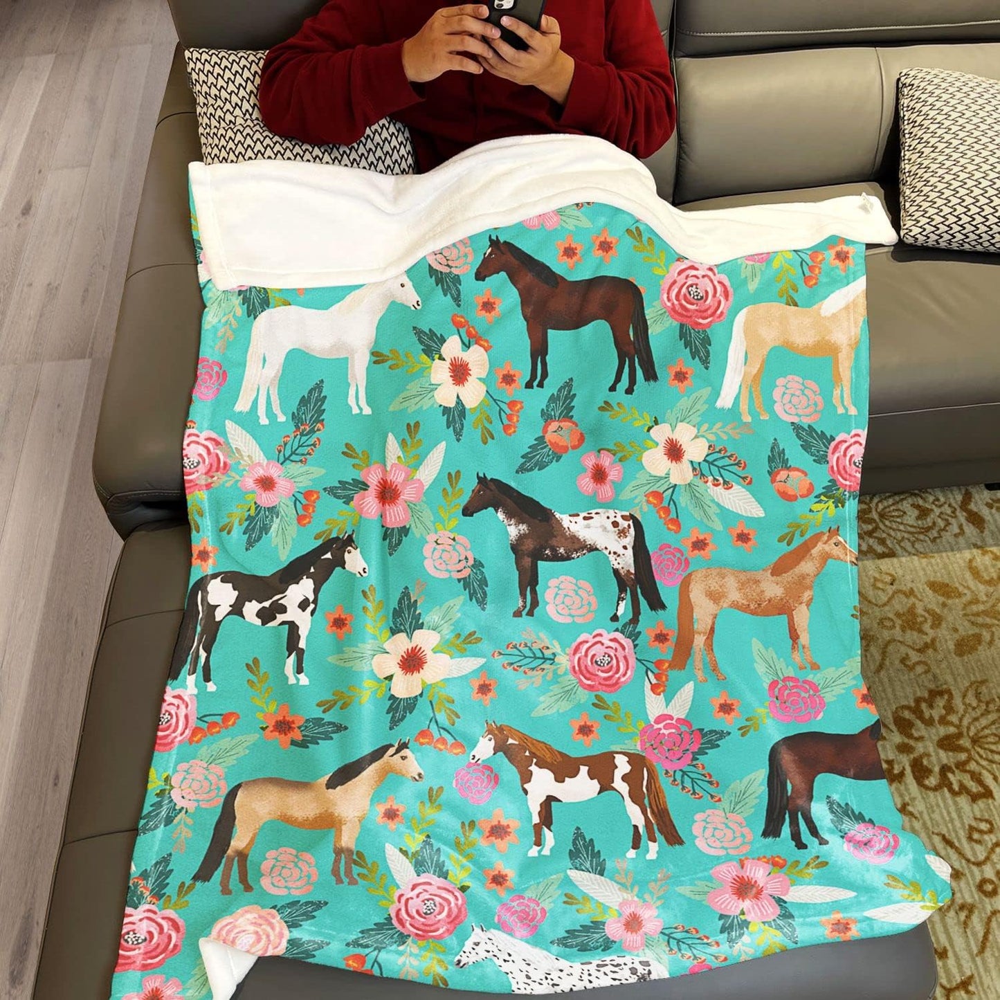 Flower Horse Throw Blanket Horse Green with Flowers Fleece Blanket Soft Warm Cozy for Sofa Couch Bed 60"x80"
