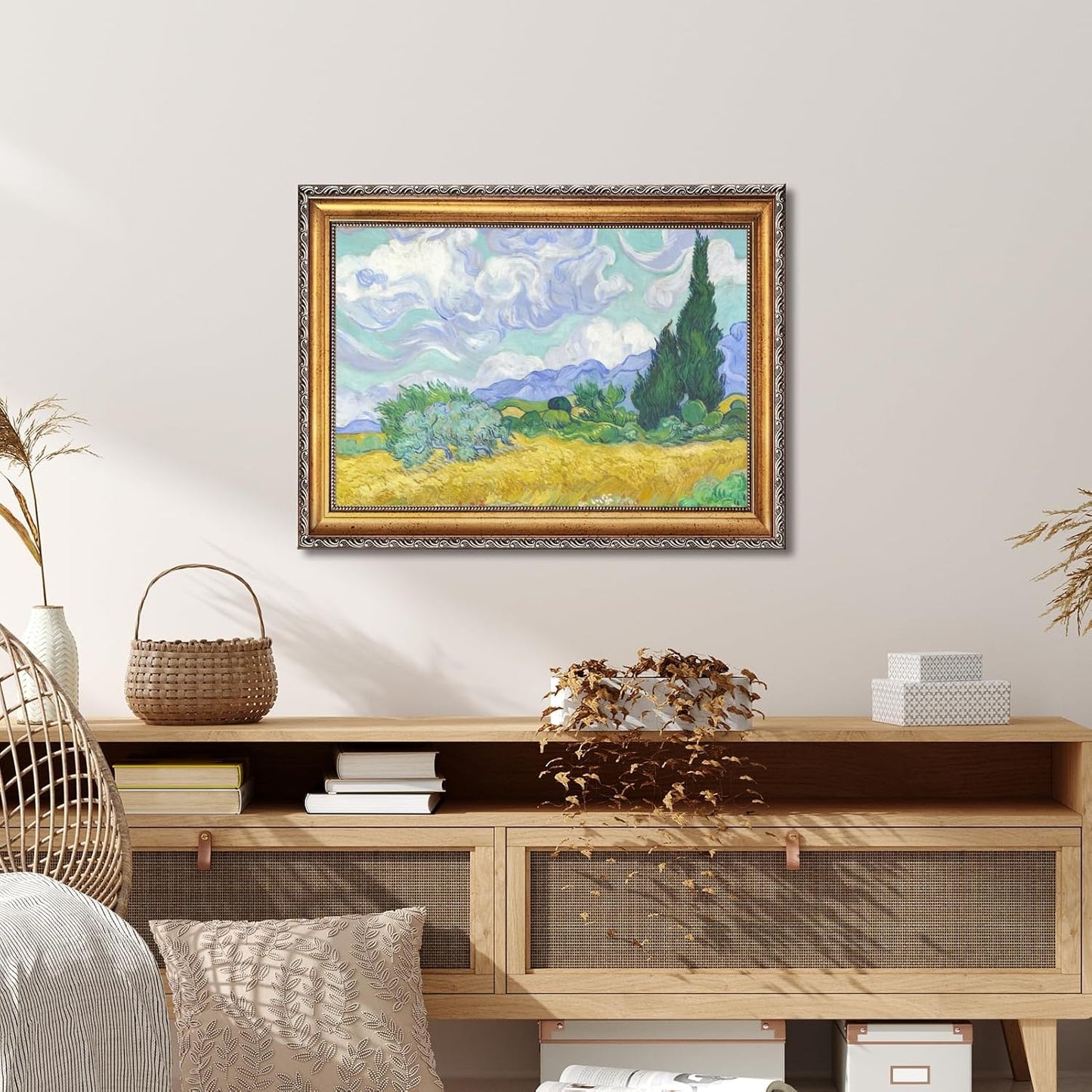 Gold Framed Wheat Field with Cypresses by Vincent Van Gogh Canvas Wall Art Classic Flower Oil Painting Reproduction Poster Famous Artwork Landscape Painting Pictures for Home Decor 12x16inch