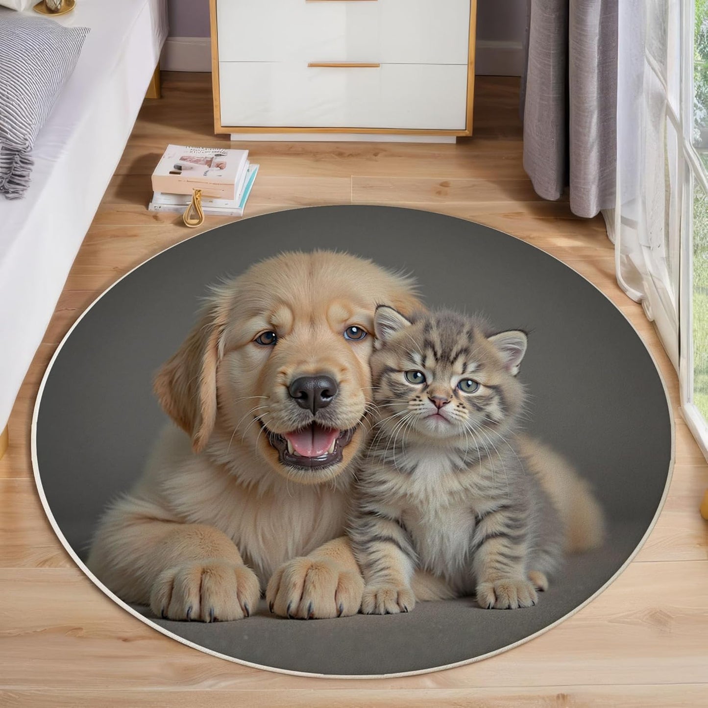 Washable Cute Golden Retriever Cat Area Rug, 5.25Ft Round Rugs for Living Room Soft Carpet for Bedroom Animal Theme Indoor Stain Resistant Non-Shedding Floor Carpet, Gray, 5.25Ft-Round