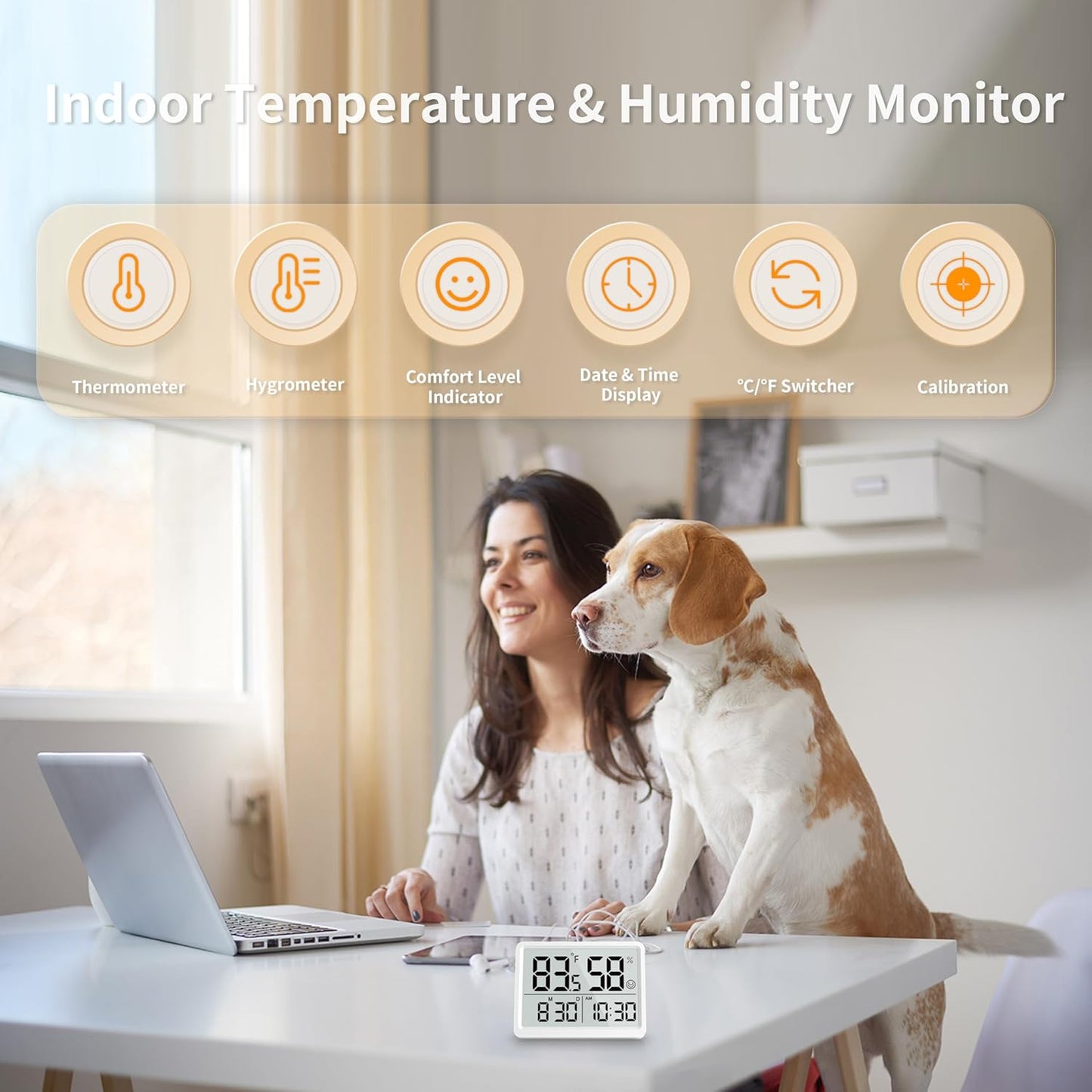 DOOMAY Room Thermometer Indoor - Hygrometer Temperature and Humidity Monitor with High Accuracy Sensor LCD Display Large Display Date Clock for Kitchen Baby Room Office (White)