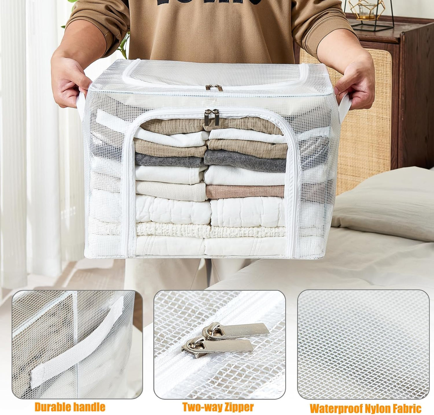 Clear Stackable Clothes Storage Bins with Metal Frame, Foldable Storage Box with Lid, Bedroom, Closet Organizers and Storage Container with Zippers & Durable Handles (Clear, 3 Pack)
