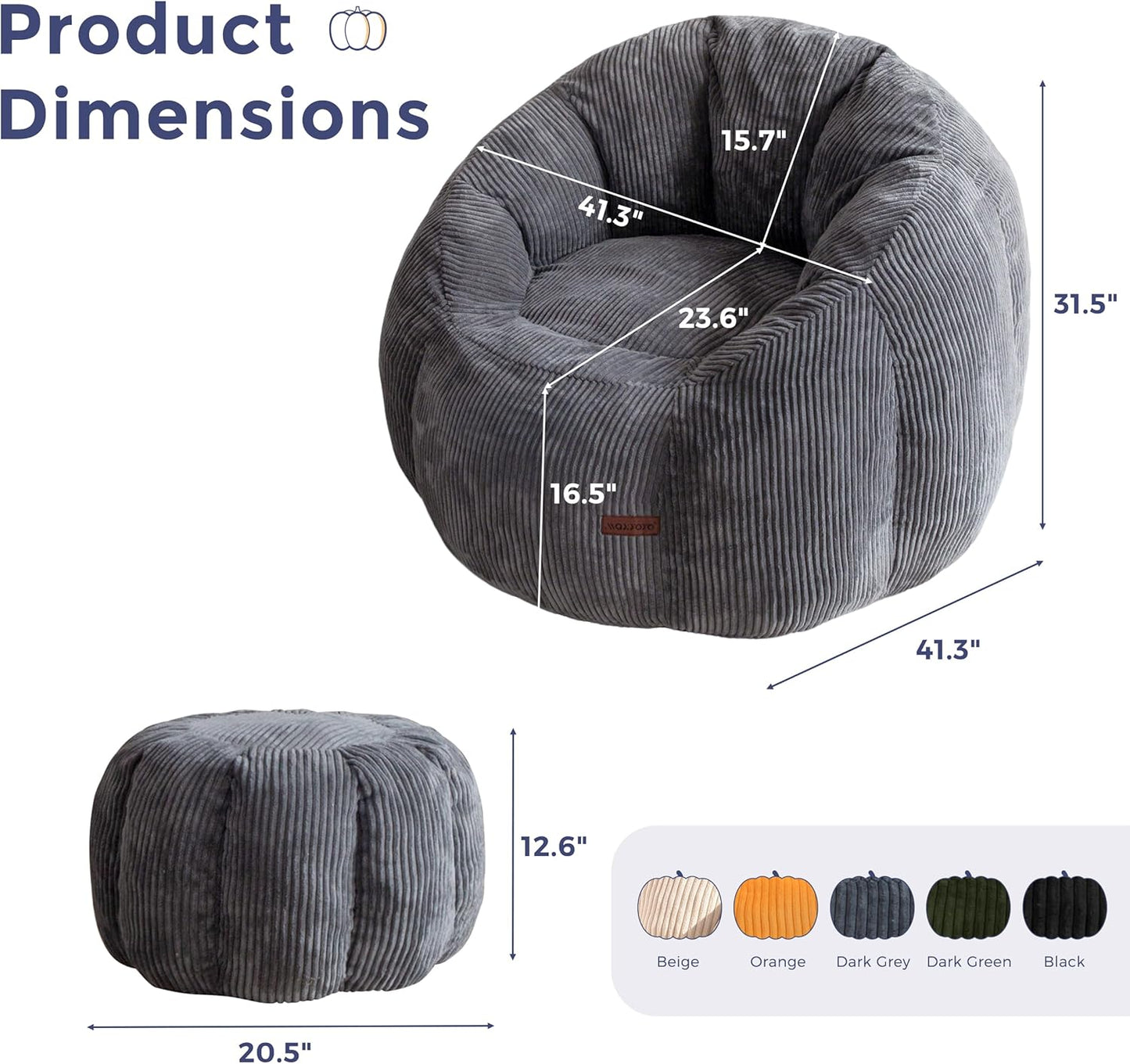 MAXYOYO Giant Bean Bag Chair with Ottoman, Pumpkin-Shaped Bean Bag Sofa with Footstool, Oversized Boneless Couch Chair in a Box, Comfy and Lazy Lounge for Dorm, Living Room, Bedroom, Dark Grey