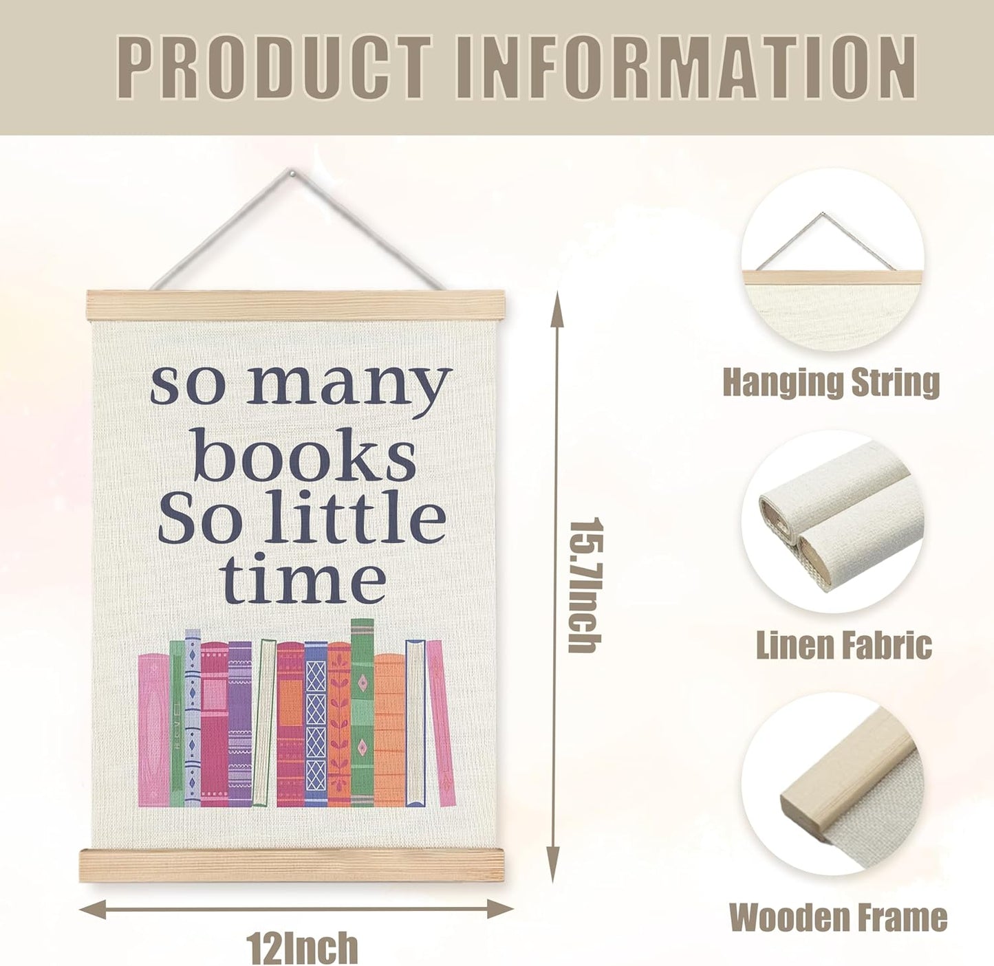 WUCHJ Reading Book Wall Art Poster, Reading Nook Decor, Gifts for Book Lovers Readers, So Many Books So Little Time Canvas Prints Artwork for Classroom Library Reading Corner Room Decor, 12x16 Inch