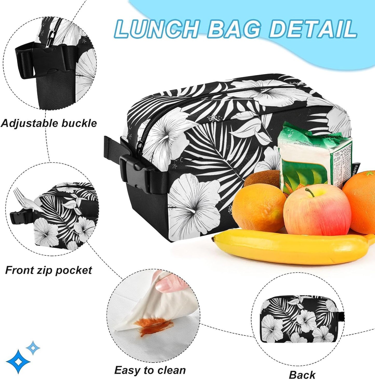 Backpack with Lunch Bag Bookbag Set,Hibiscus Flower Black White Pattern Backpack for Middle High School College Student,21L Schoolbag Kid's Backpack Bookbag Casual Daypack