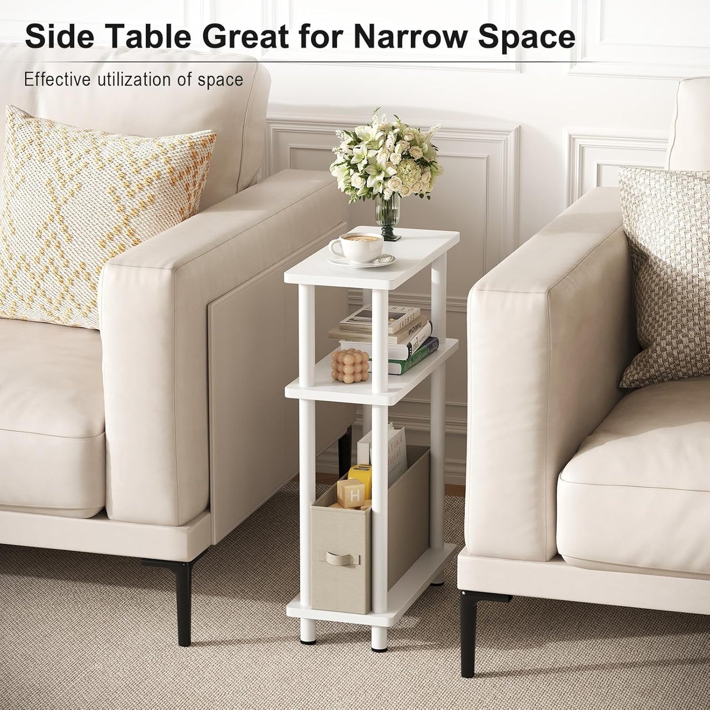 Apicizon Small Narrow Side Table, 3-Tier Skinny End Table with Fabric Basket, Slim Nightstand Bedside Table for Small Spaces, Living Room, Bderoom, White