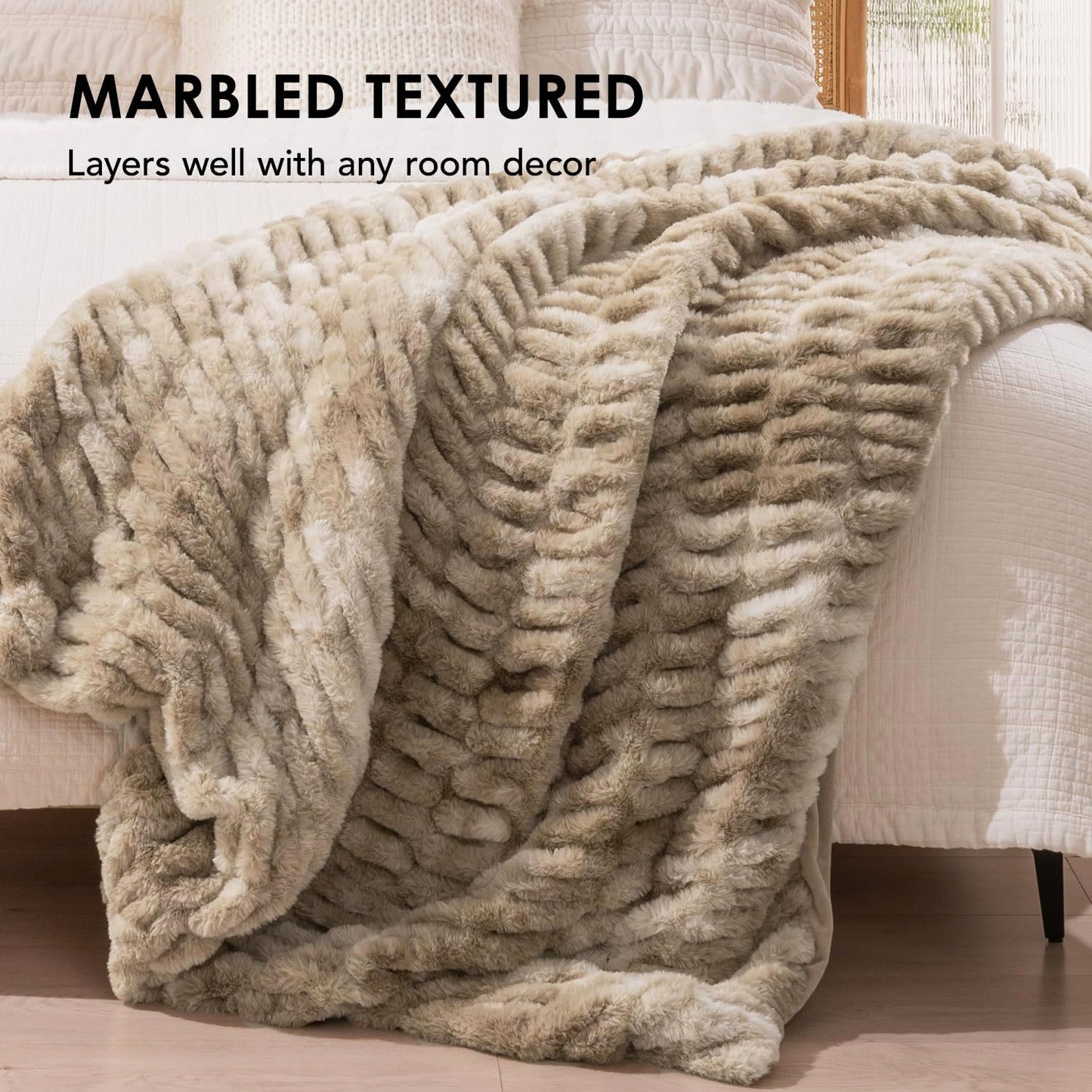 EVERGRACE Luxurious Soft Faux Rabbit Fur Throw Blanket, Cozy Fuzzy Plush Warm Throws for Couch Bed Sofa Chair Home Decor, Ruched Bubble Fluffy Blanket with Reversible Velvet, 60" x 80", Beige