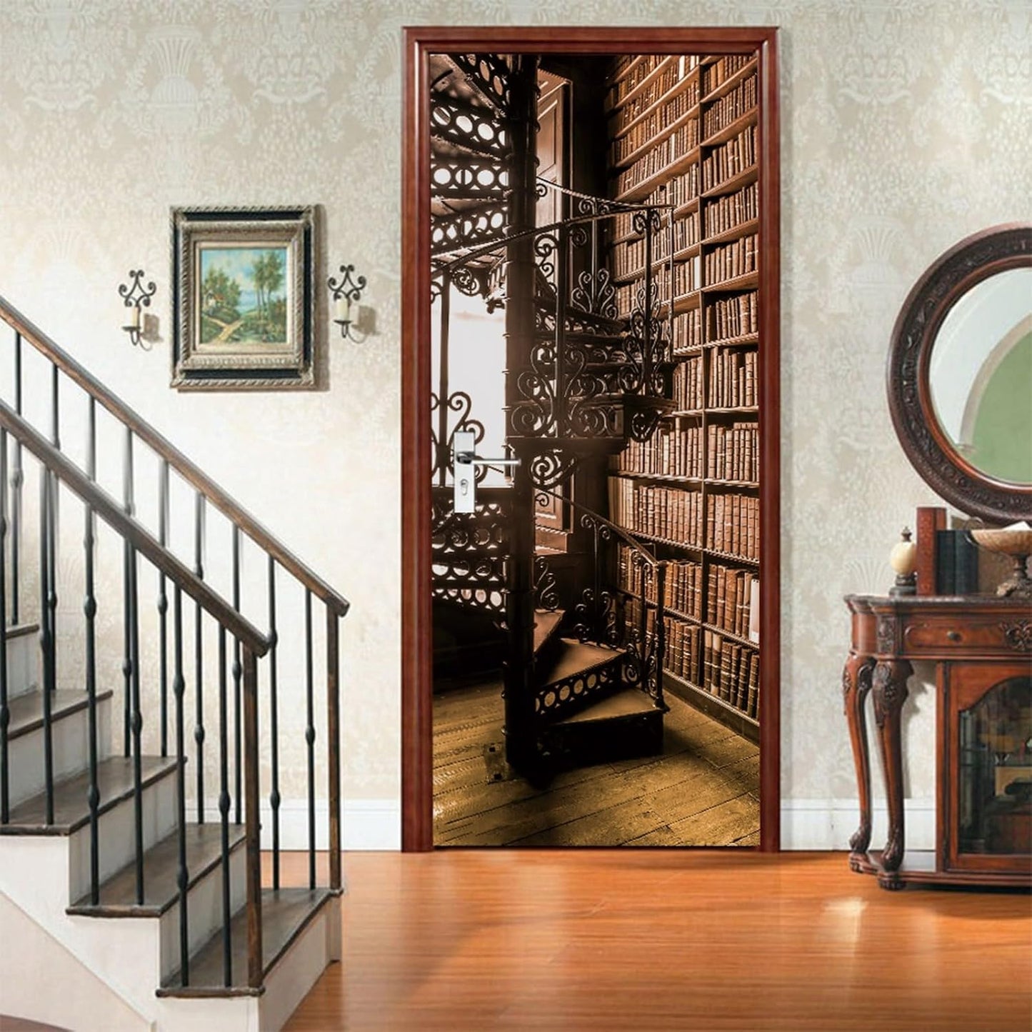 3D Door Stickers for Interior Doors Bookshelf with Books and Spiral Staircase in an Old Library Vinyl Waterproof Self Adhesive Door Mural Decals for Bedroom Office Bathroom 77 x 200cm