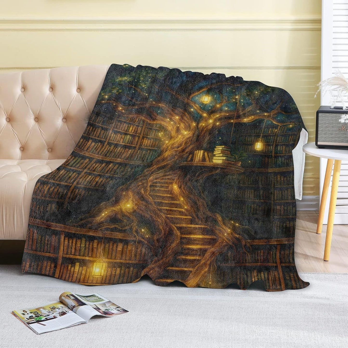 Fantasy Book Tree Fleece Blanket,60x80in,Magical Library with Glowing Lanterns and Staircase Throw Blankets,Soft Cozy Lightweight, Ideal for Bed Living Room Home Romantic Decor,Women Gifts