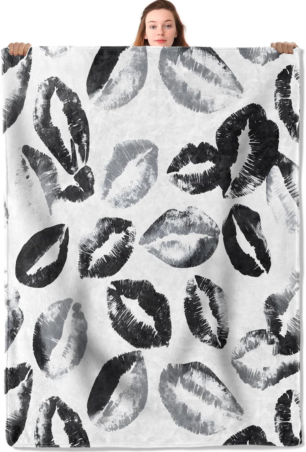 Lip Print Flannel Blanket Modern Romantic Black Kiss Design Warm Lightweight Throw Blankets for Sofa Picnic Travel and Gathering Decorate All Season Use Couple Gifts 50x60in