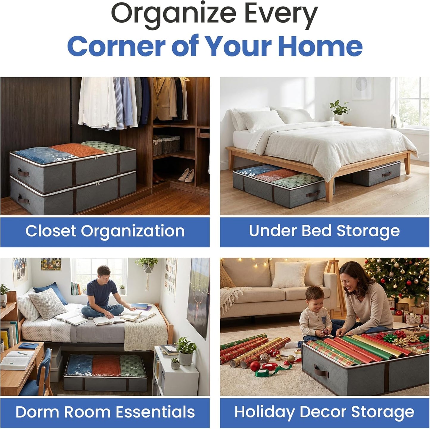 Underbed Storage Bags 4-Pack - Foldable Under Bed Storage Organizer for Clothes, Bedroom Blankets, Comforter, Pillows, Linen Sheets, Towels, Sweaters, Shoe Drawers - Ideal for College Dorms (Grey)