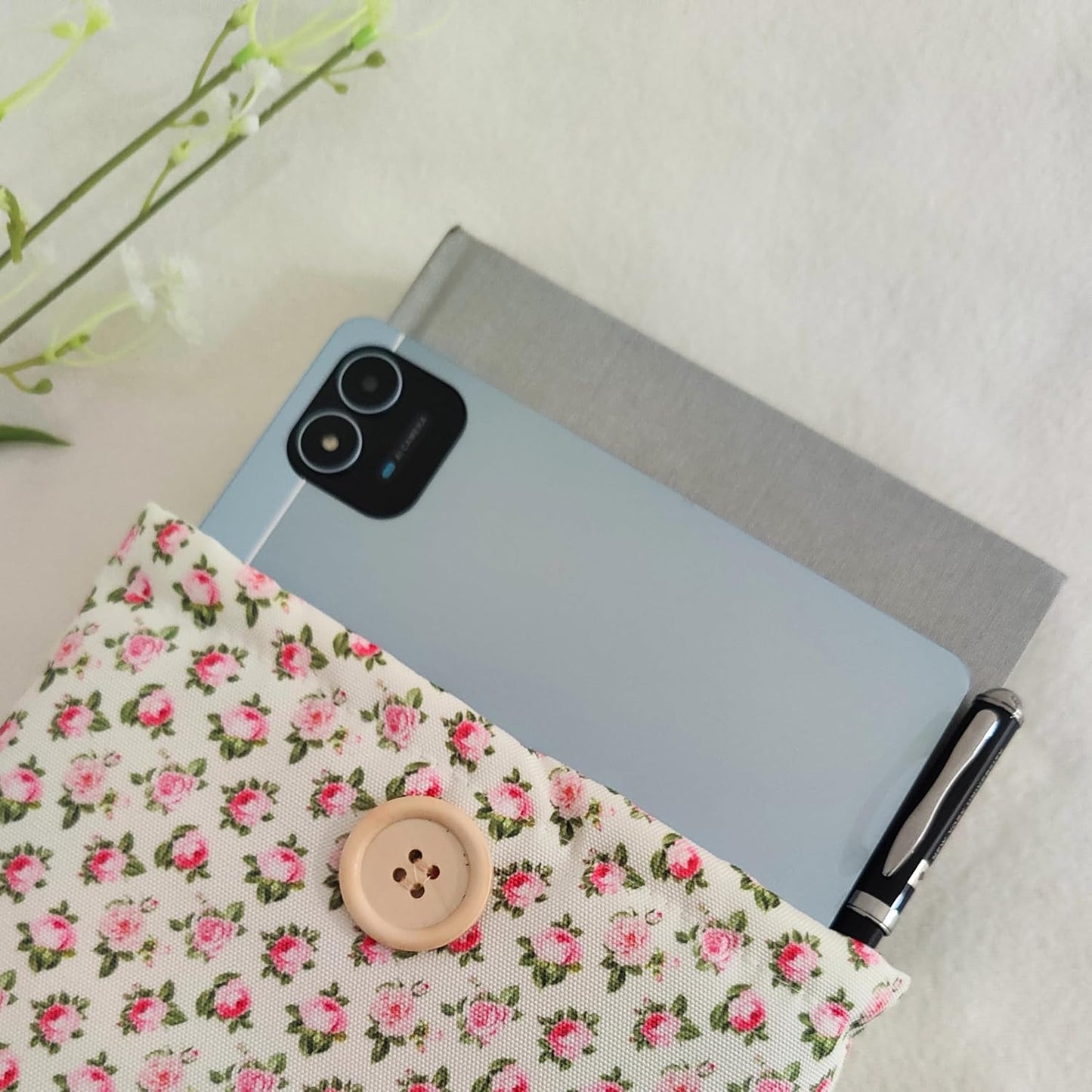 Floral Book Sleeve - Elegant Book Cover with Wooden Button, Cotton Padded Protector for Paperbacks & Hardcovers, Ideal for Book Lovers, Durable Design (White & Roses, Large)