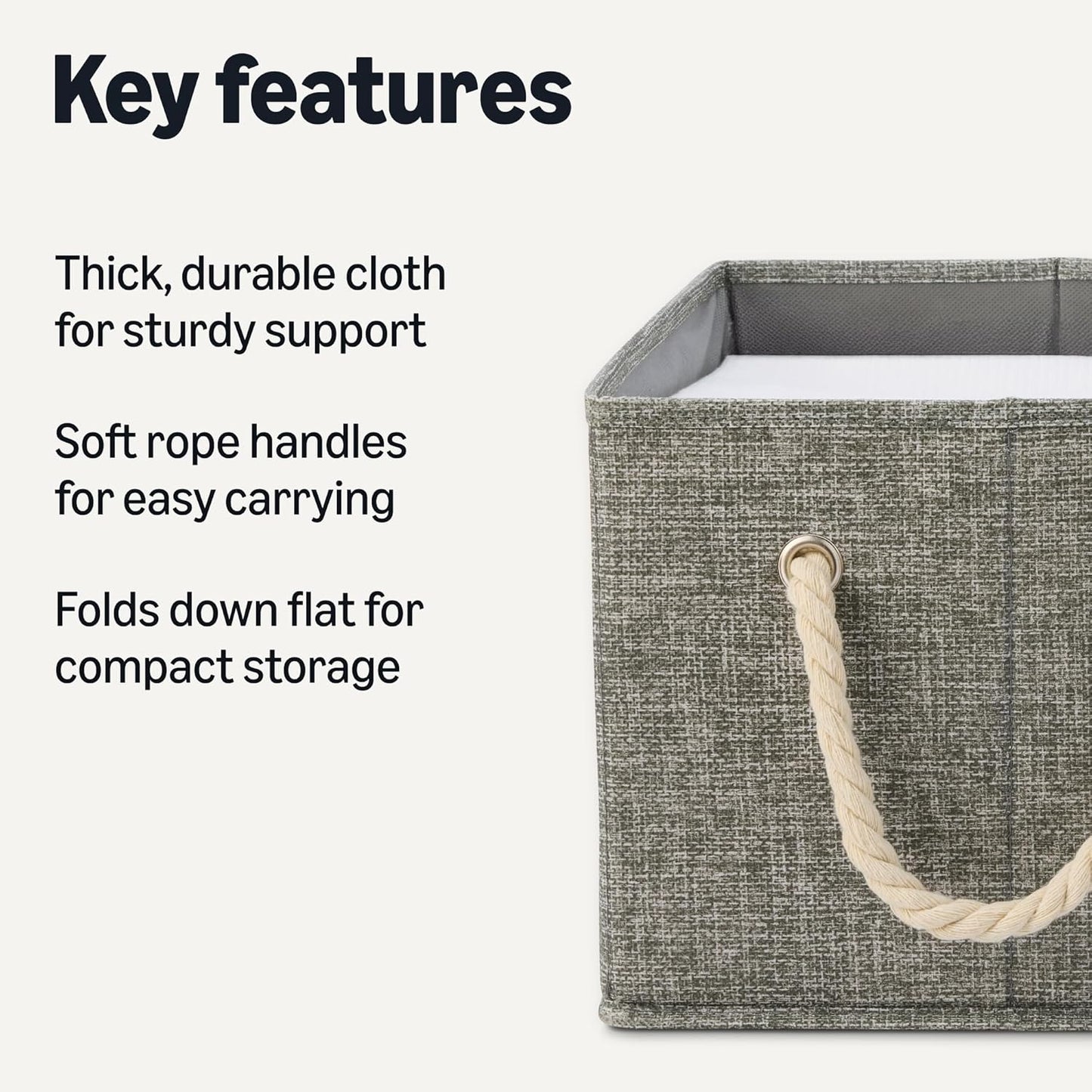 Amazon Basics Foldable Storage Bins with Rope Handles, Closet Organizers, Storage Baskets for Organizing, Large, Charcoal, 3-Pack