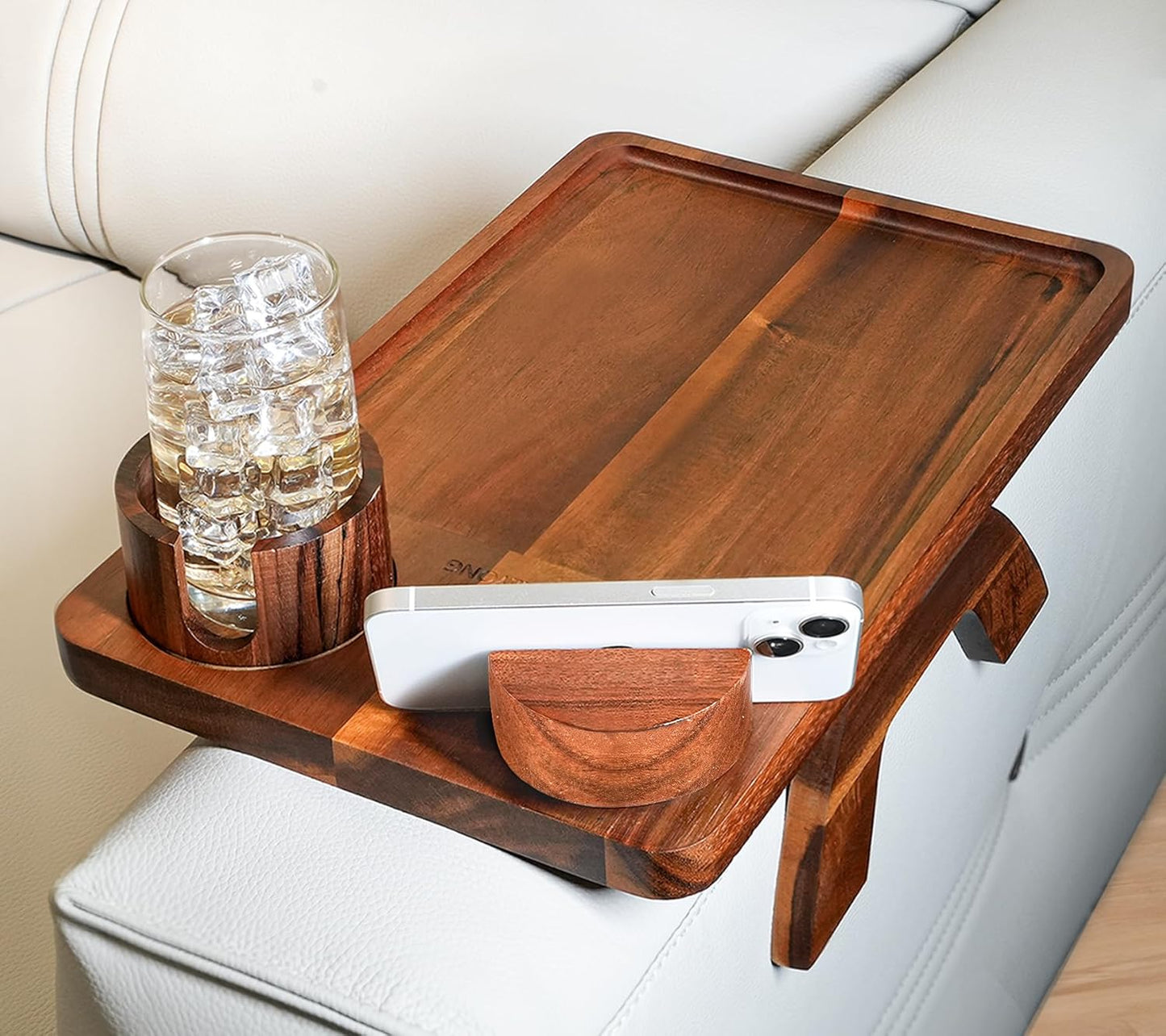 Couch Arm Tray Table with Cup Holder & Adjustable Phone Stand – Foldable Acacia Wood Sofa Arm Clip Table for Wide Couches, Recliners, and Living Room Use