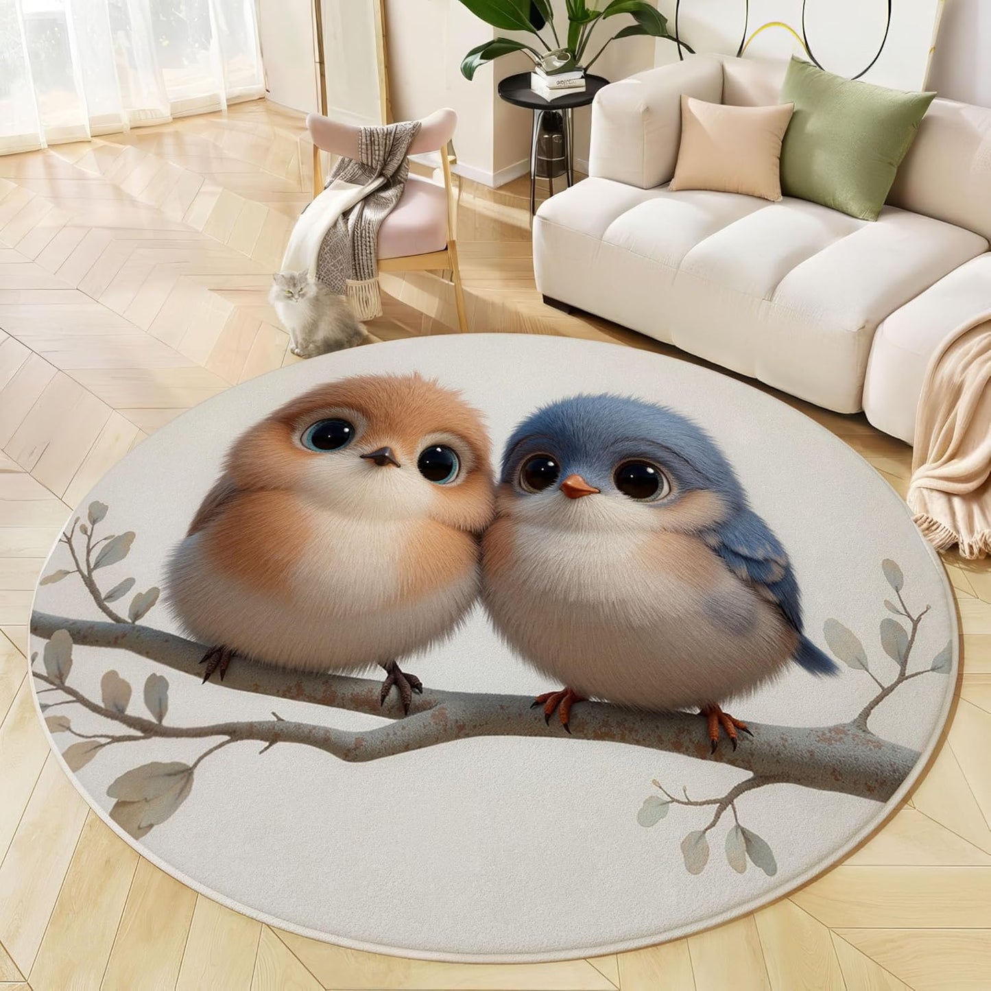 Round Area Rug, 3Ft Washable Non-Slip Beige Cute Plush Bird Circle Rug, Soft Low-Pile Cartoon Animal Indoor Small Circular Carpet for Bedroom Entryway Dining Living Room