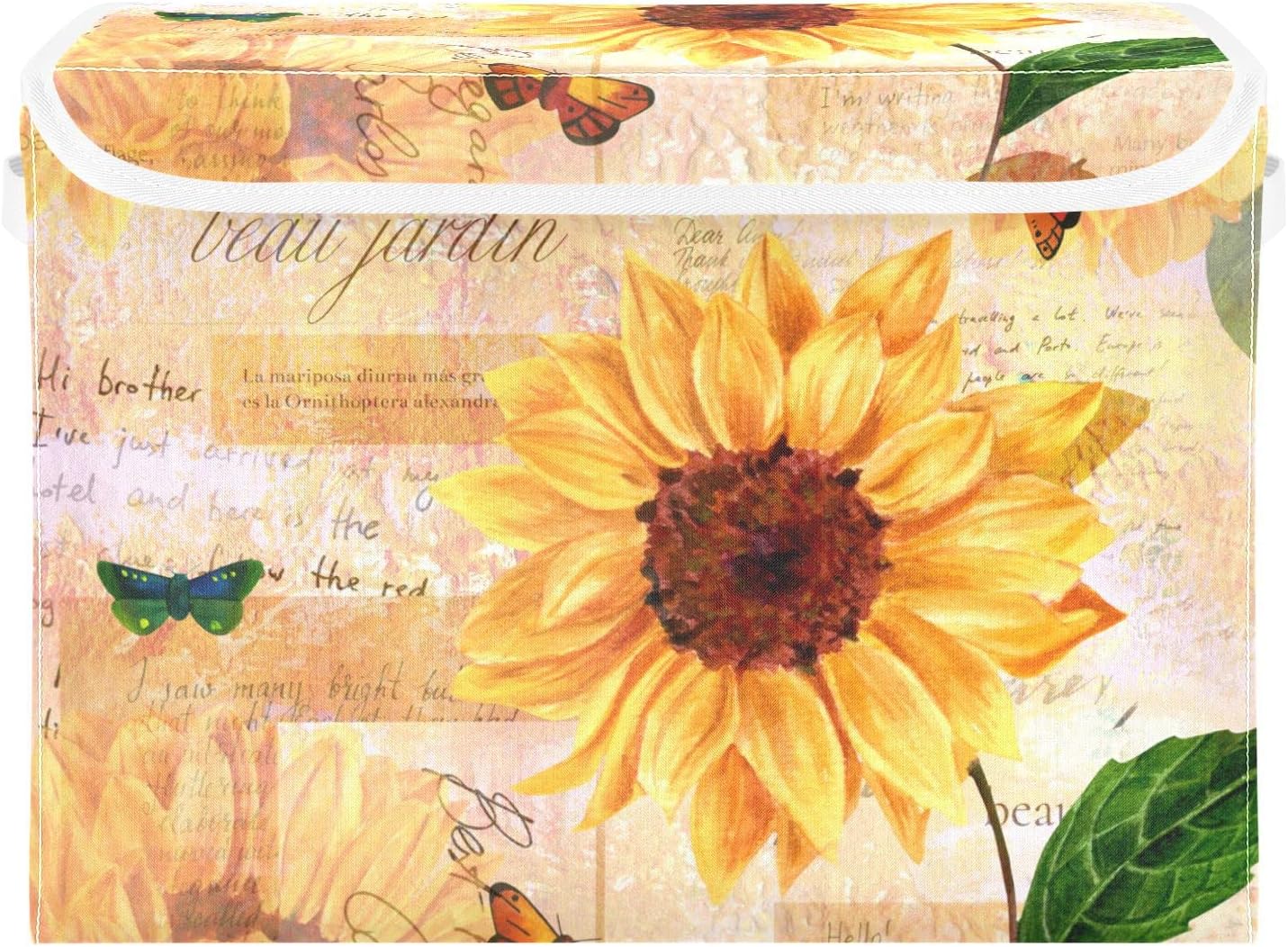 SUABO Vintage Sunflower and Butterfly Storage Bin with Lid Large Oxford Cloth Storage Boxes Foldable Home Cube Baskets Closet Organizers for Nursery Bedroom Office