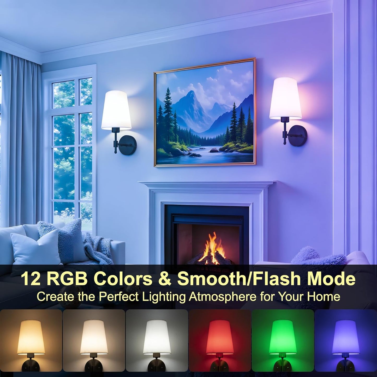 Battery Operated Wall Sconces Set of 2, Rechargeable Black Wall Sconce with Remote Control, 12 Colors RGB Magnetic Bulb, Wireless Battery Wall Lamp for Bedroom Living Room Hallway